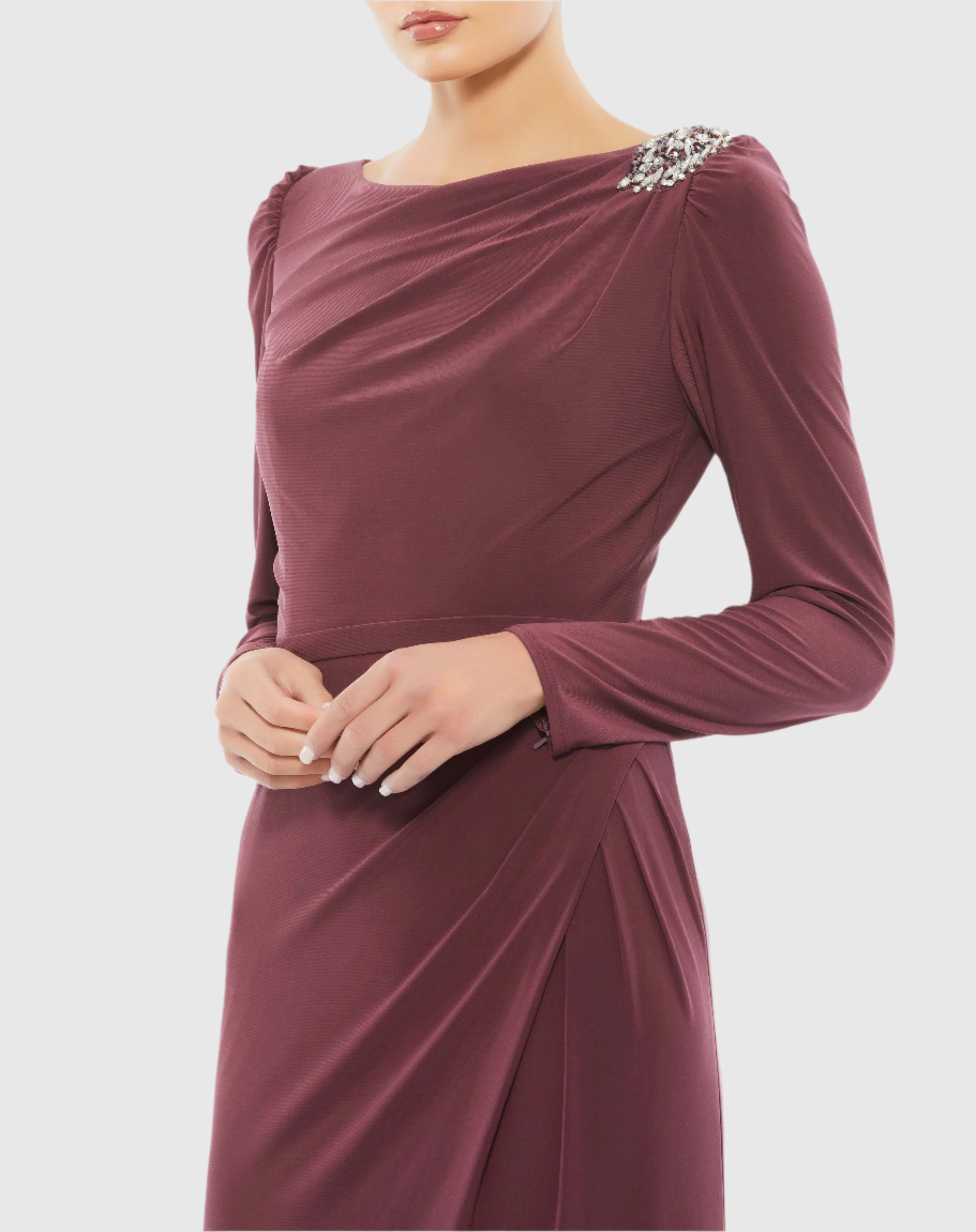 Draped Bateau Long Sleeve Trumpet Gown