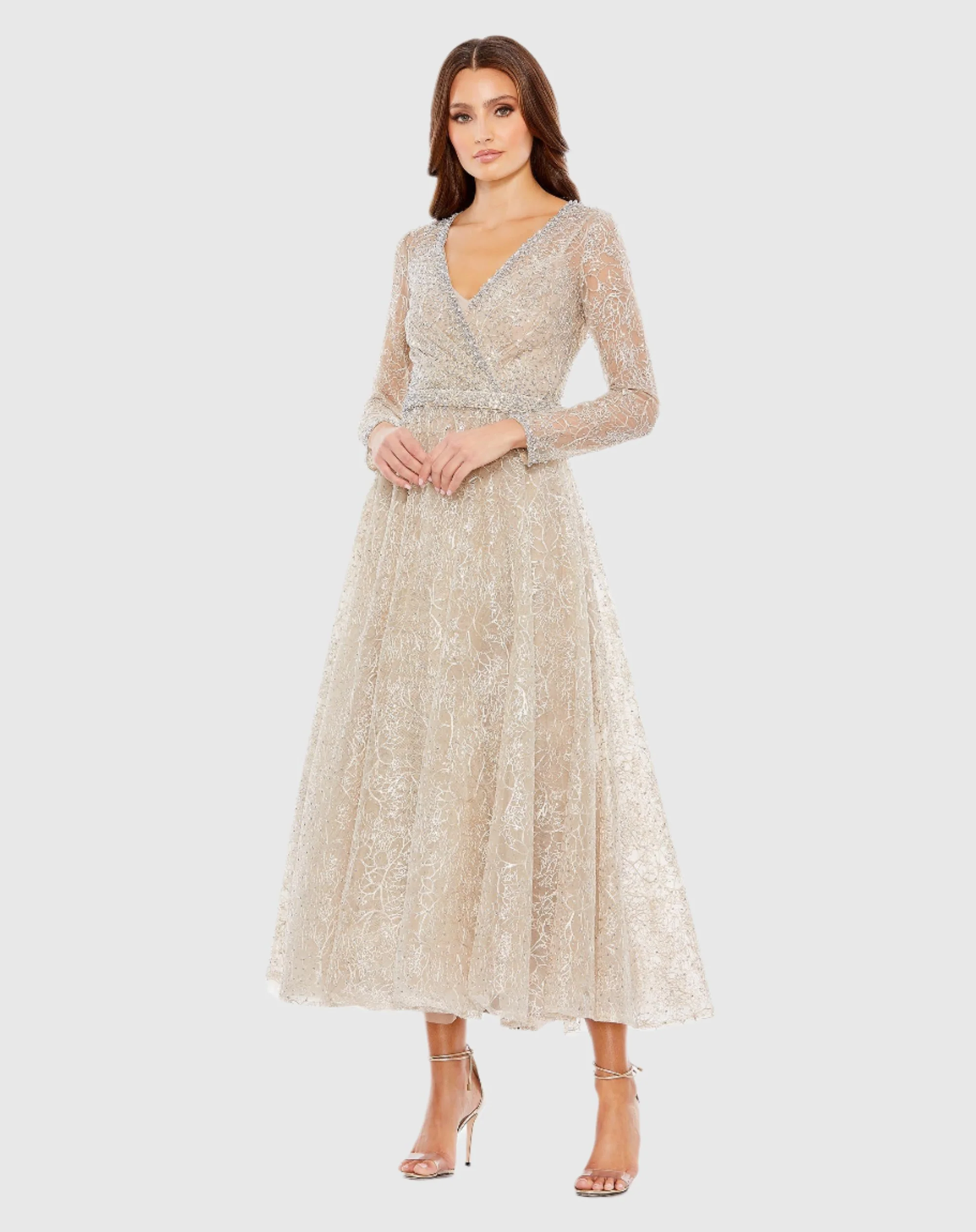 Embellished Wrap Over Long Sleeve Midi Dress