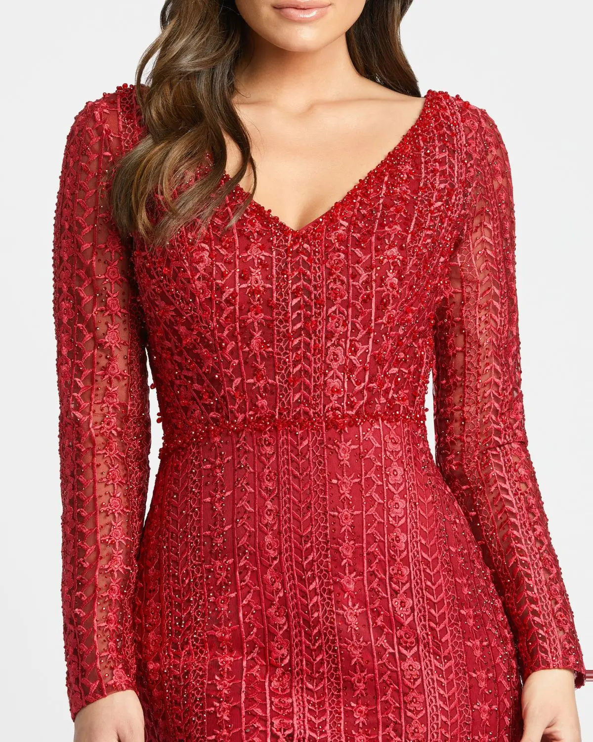 Red Embroidered Long Sleeve V Neck Gown