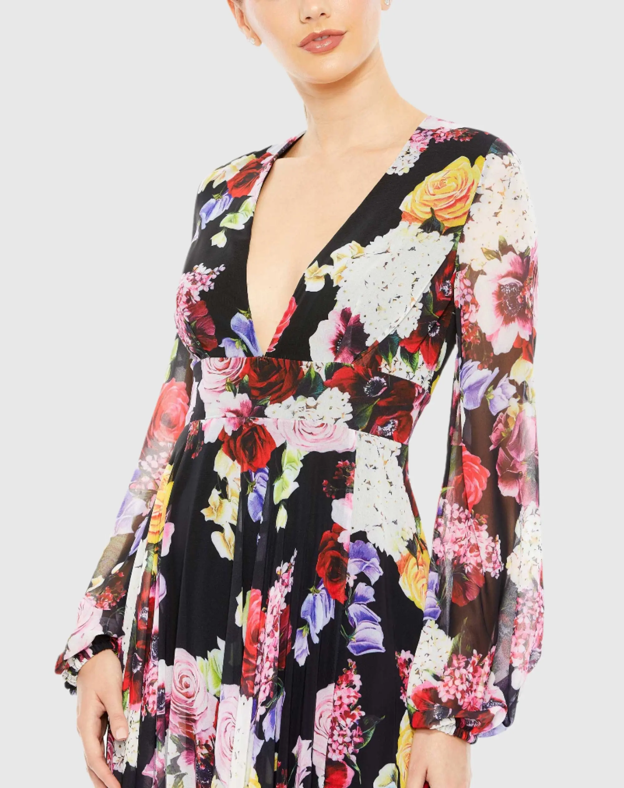 Floral Pattern Long Sleeve V Neck Dress