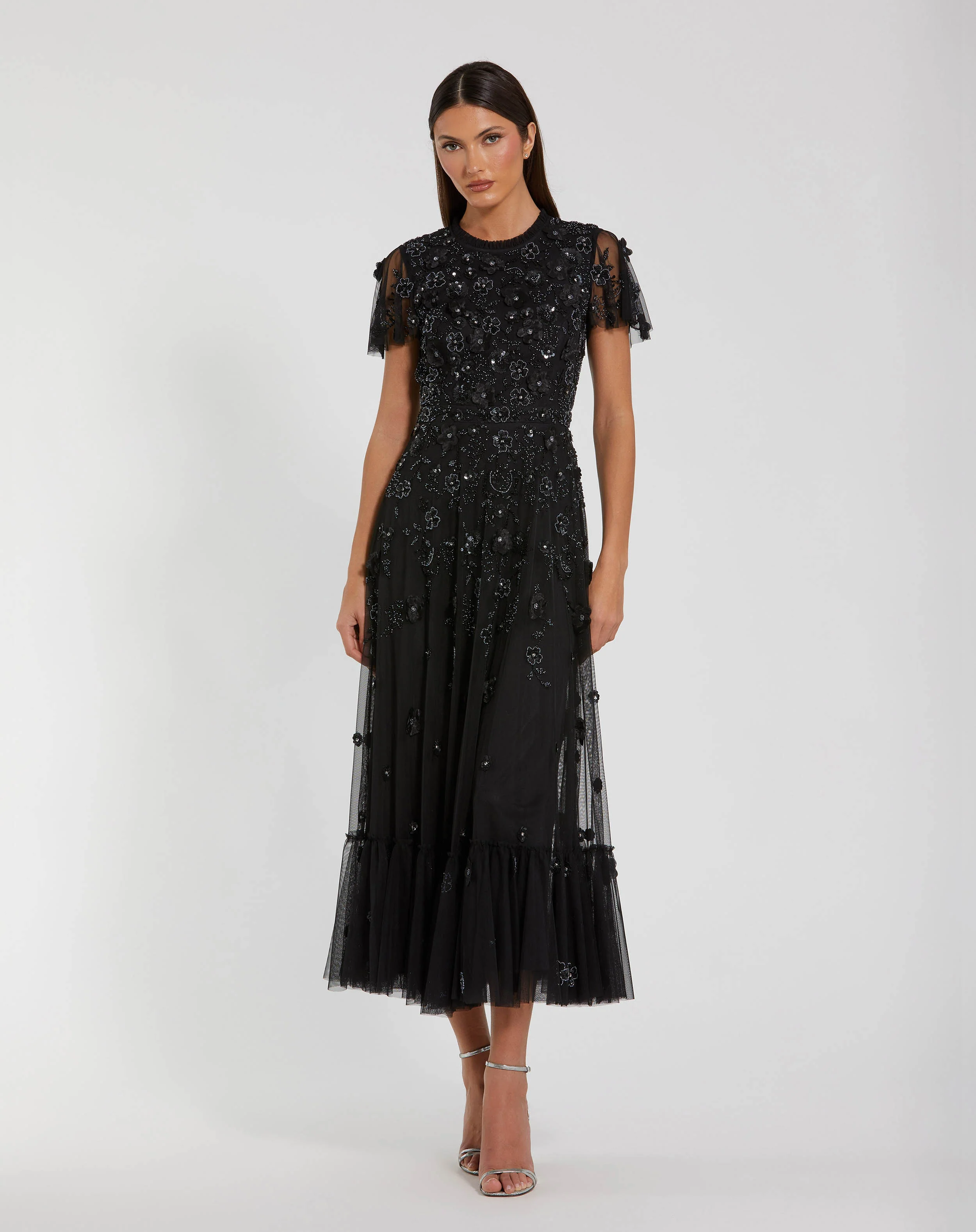 Studded High Neck Cap Sleeve A Line Dress