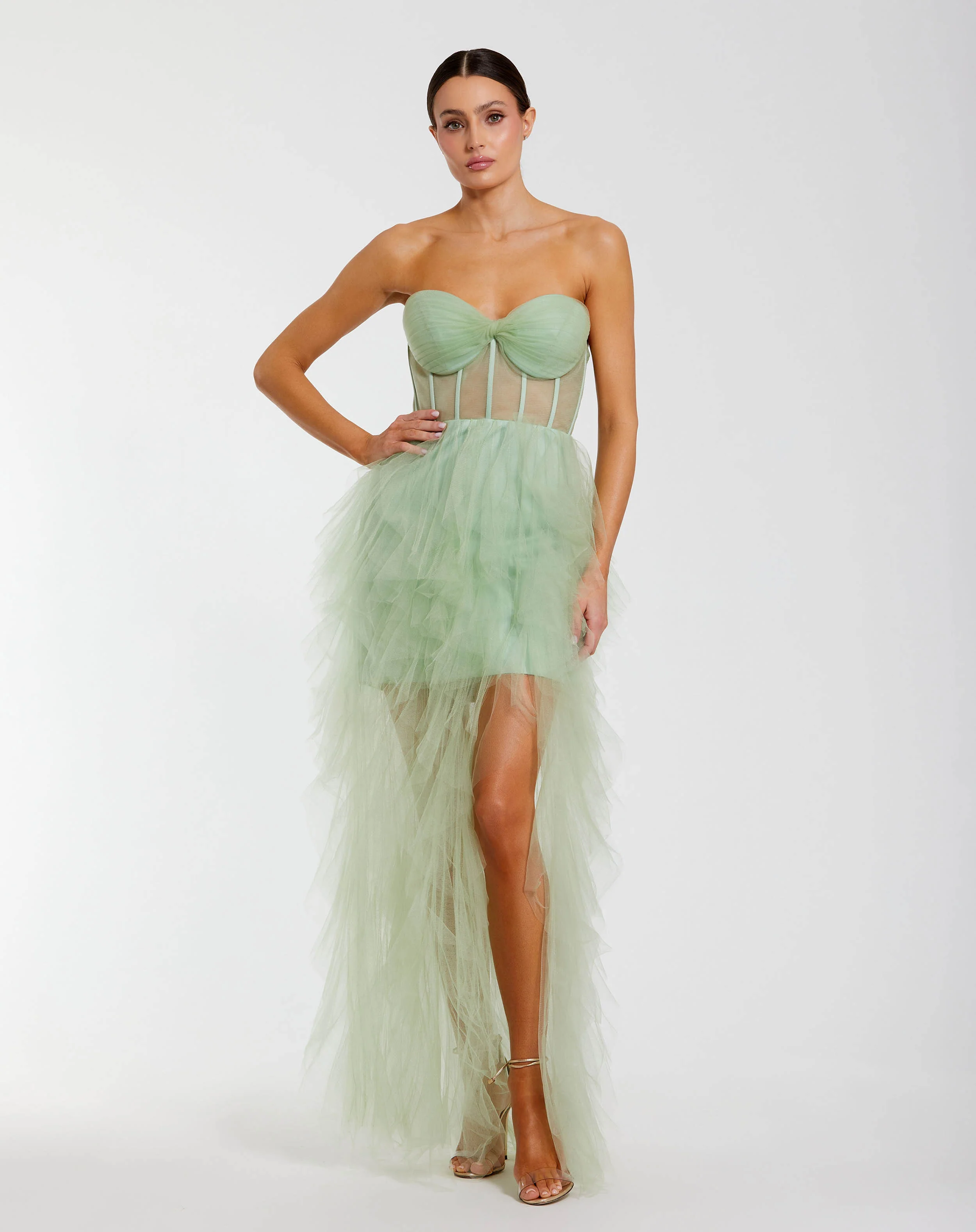 Bustier Net Gown with Spiral Ruffles