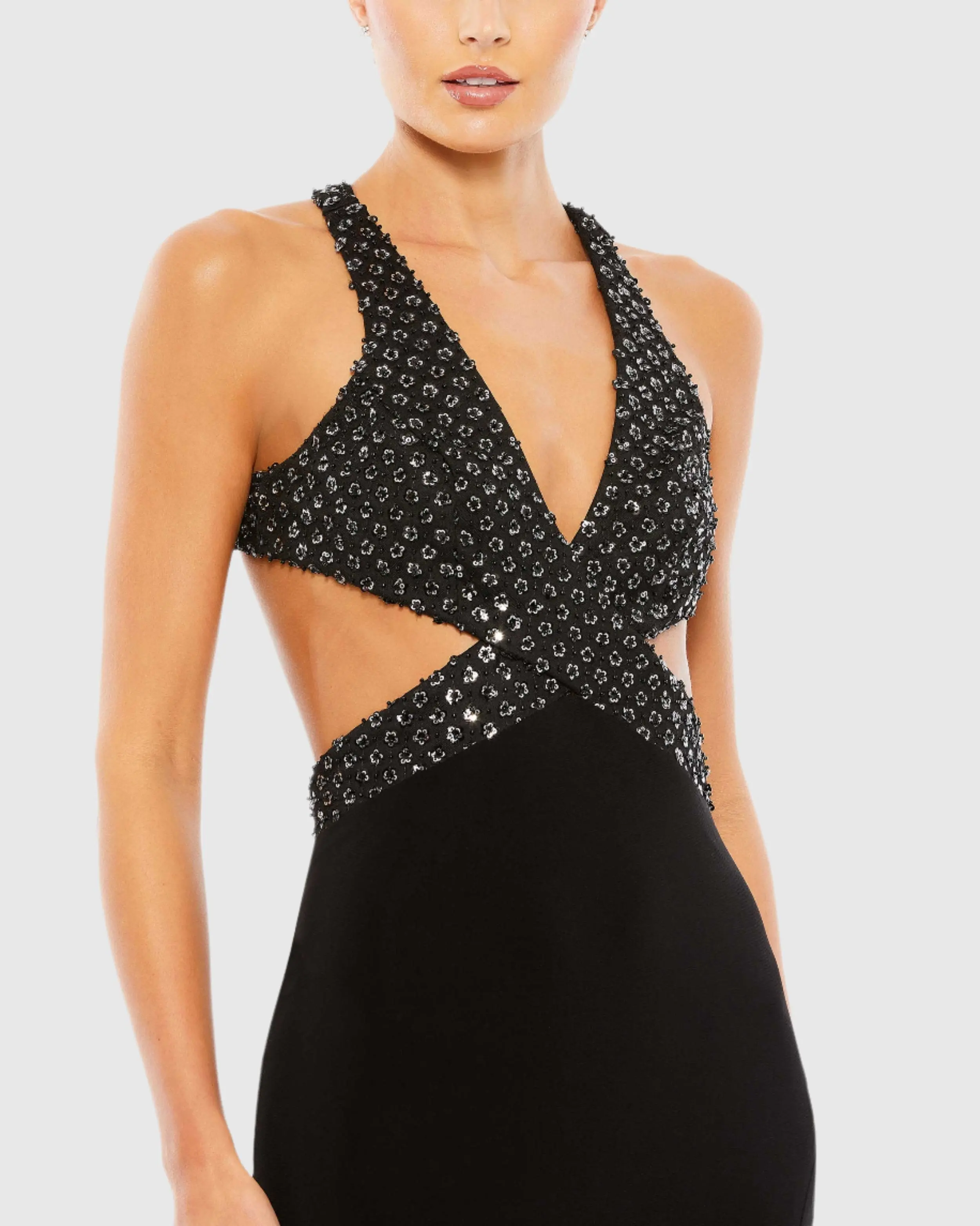Floral Sequined Criss Cross Bodice Gown