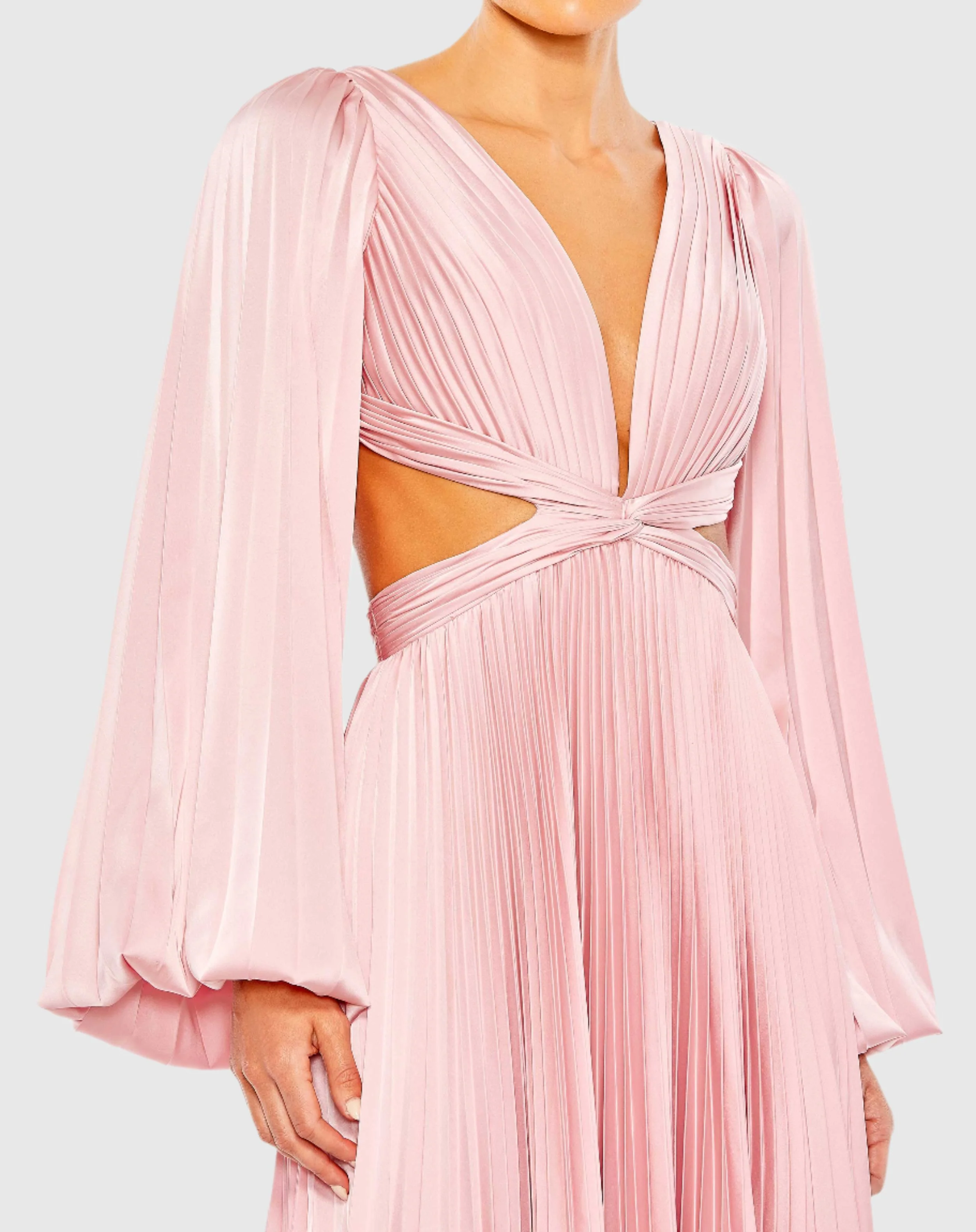 Pink Long Sleeve Pleated Charmeuse Gown