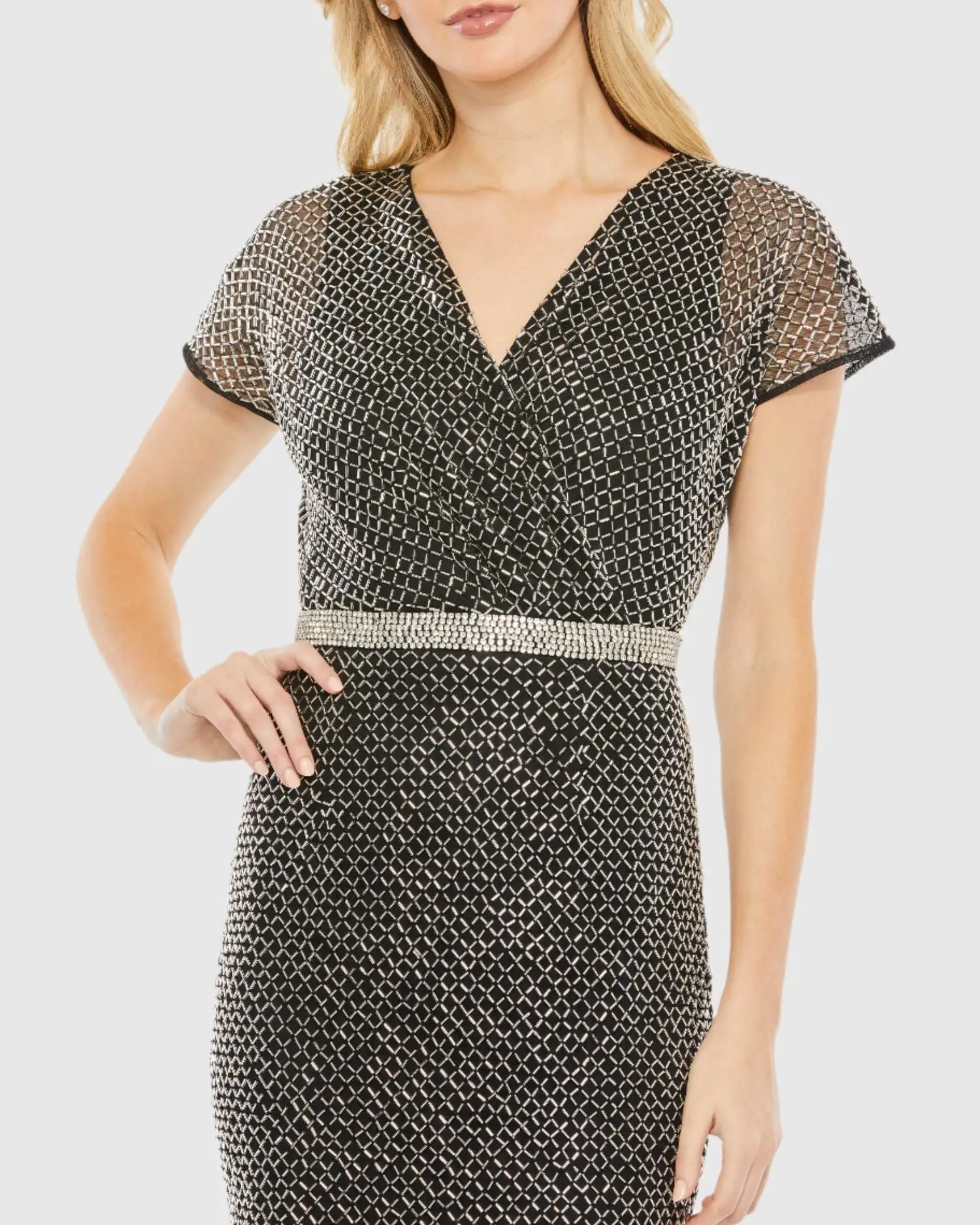 Beaded Wrap V Neck Short Sleeve Dress