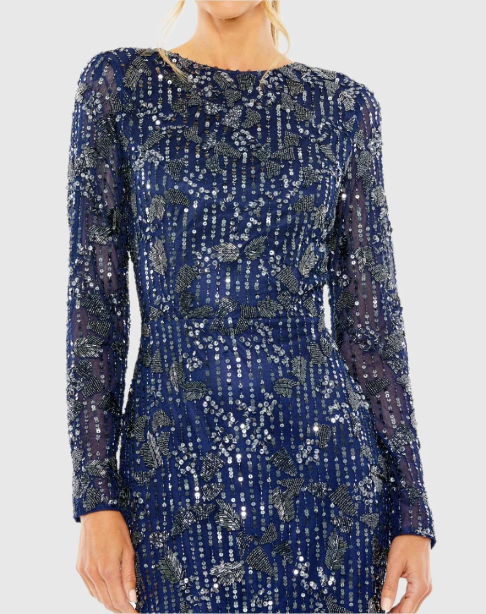 Blue V-Neck Long Sleeve Decorated Dress