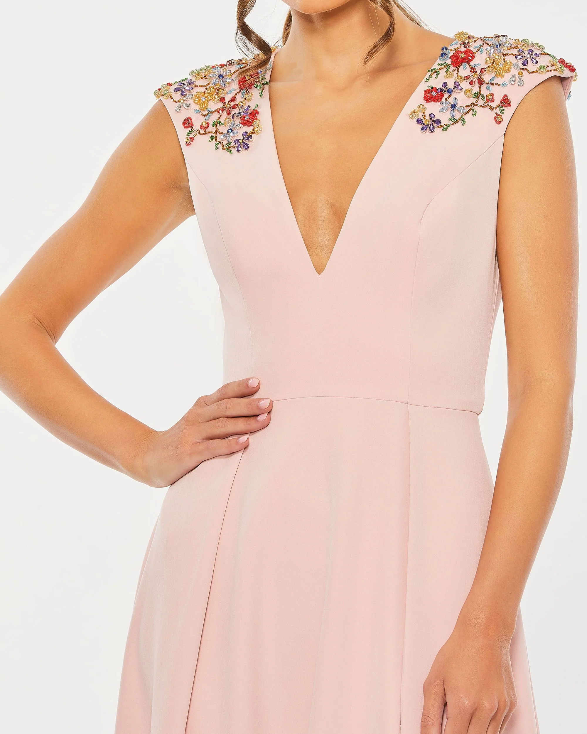 Rose Pink Beaded V Neck A Line Gown