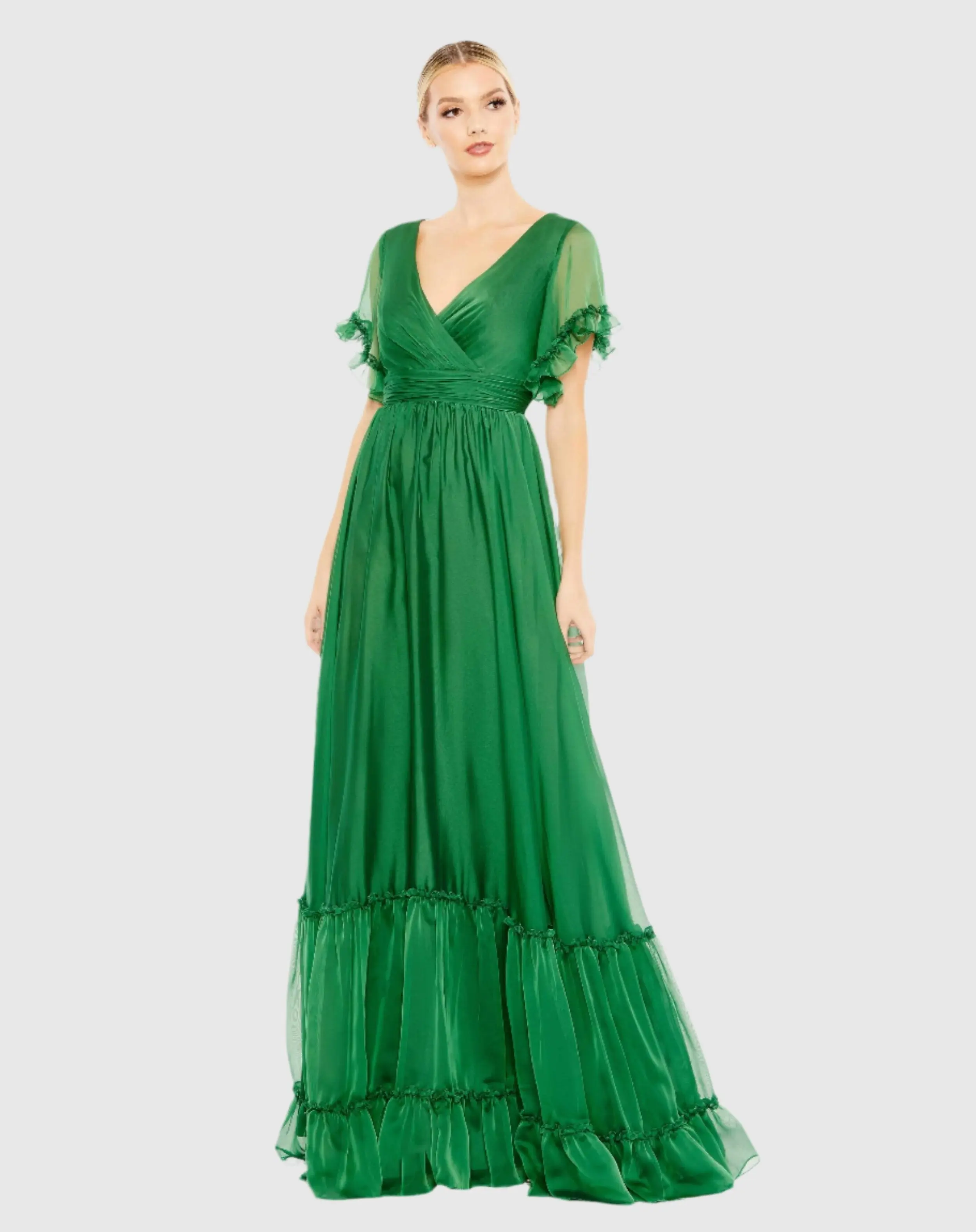 Floral Ruffle Trimmed Sleeve Wrap Over Gown