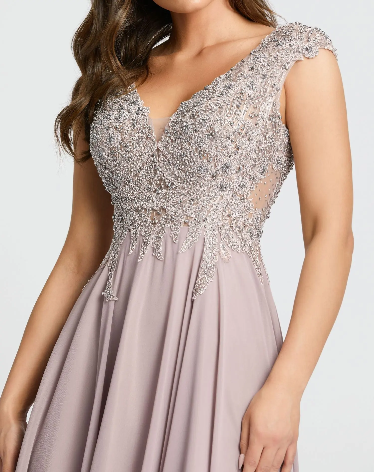 Purple Applique Cap Sleeve Bodice Gown