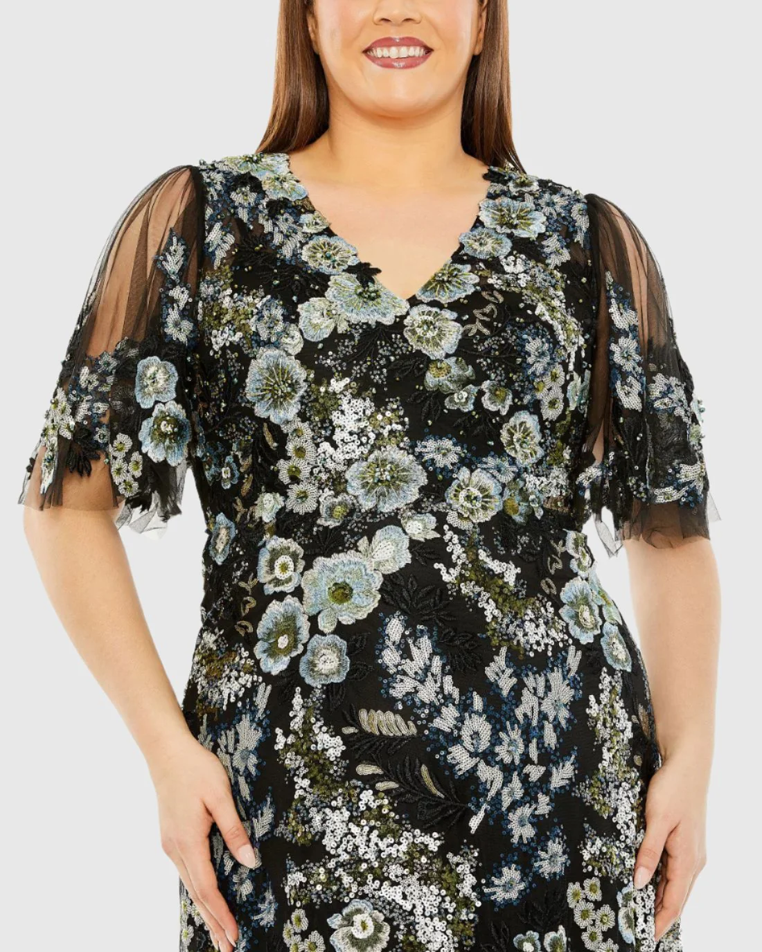 Sheer Sleeve V Neck Floral Embroidered Gown