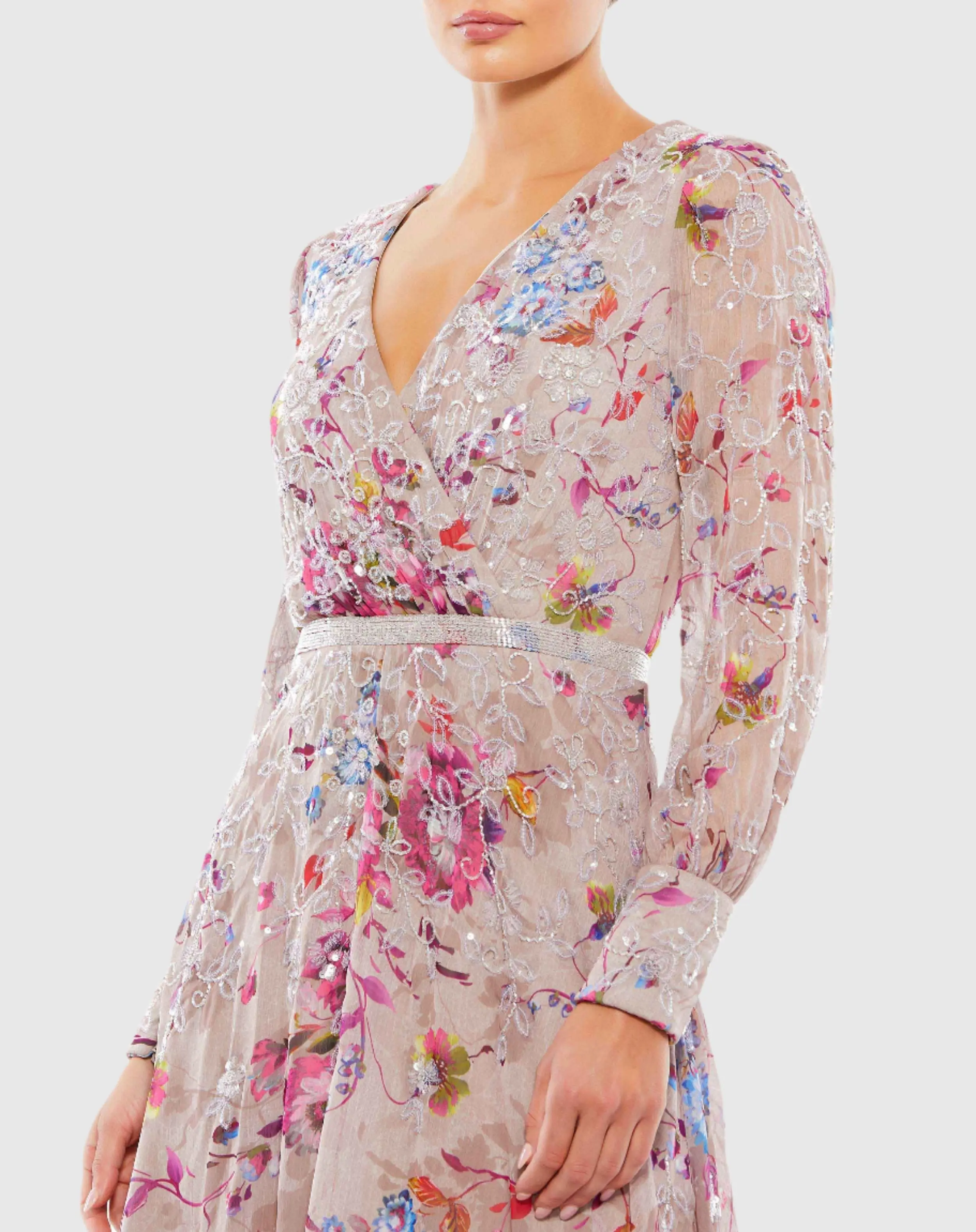 Stitched Floral Long Sleeve Midi Dress