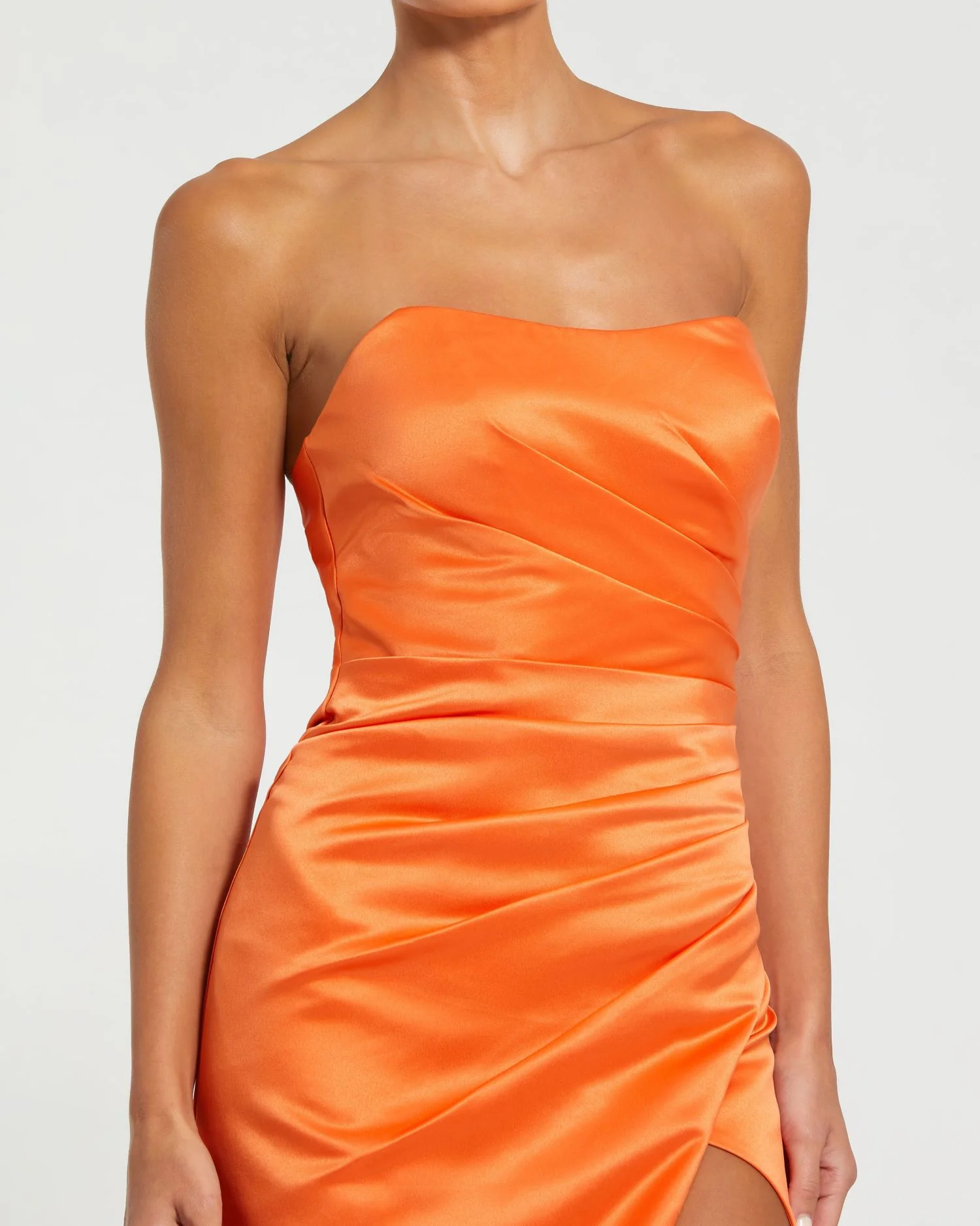 Strapless Gathered High Slit Gown