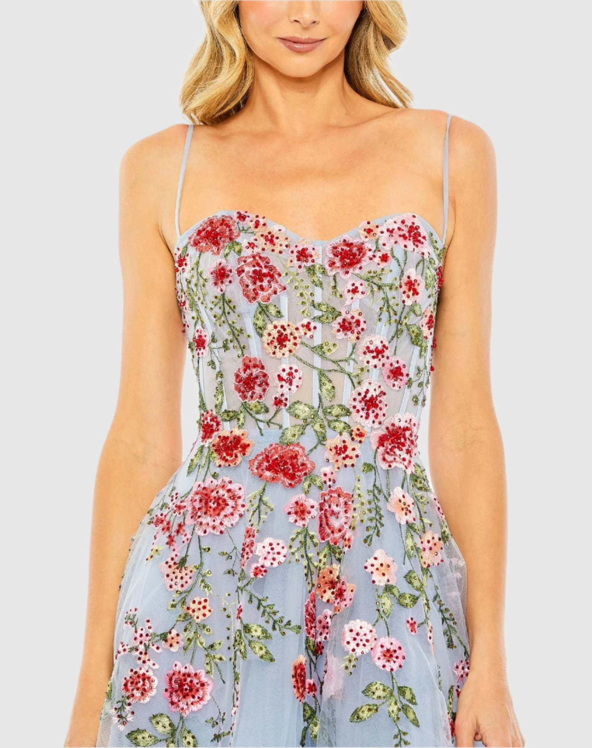Blue Bustier Embroidered Floral A Line Dress