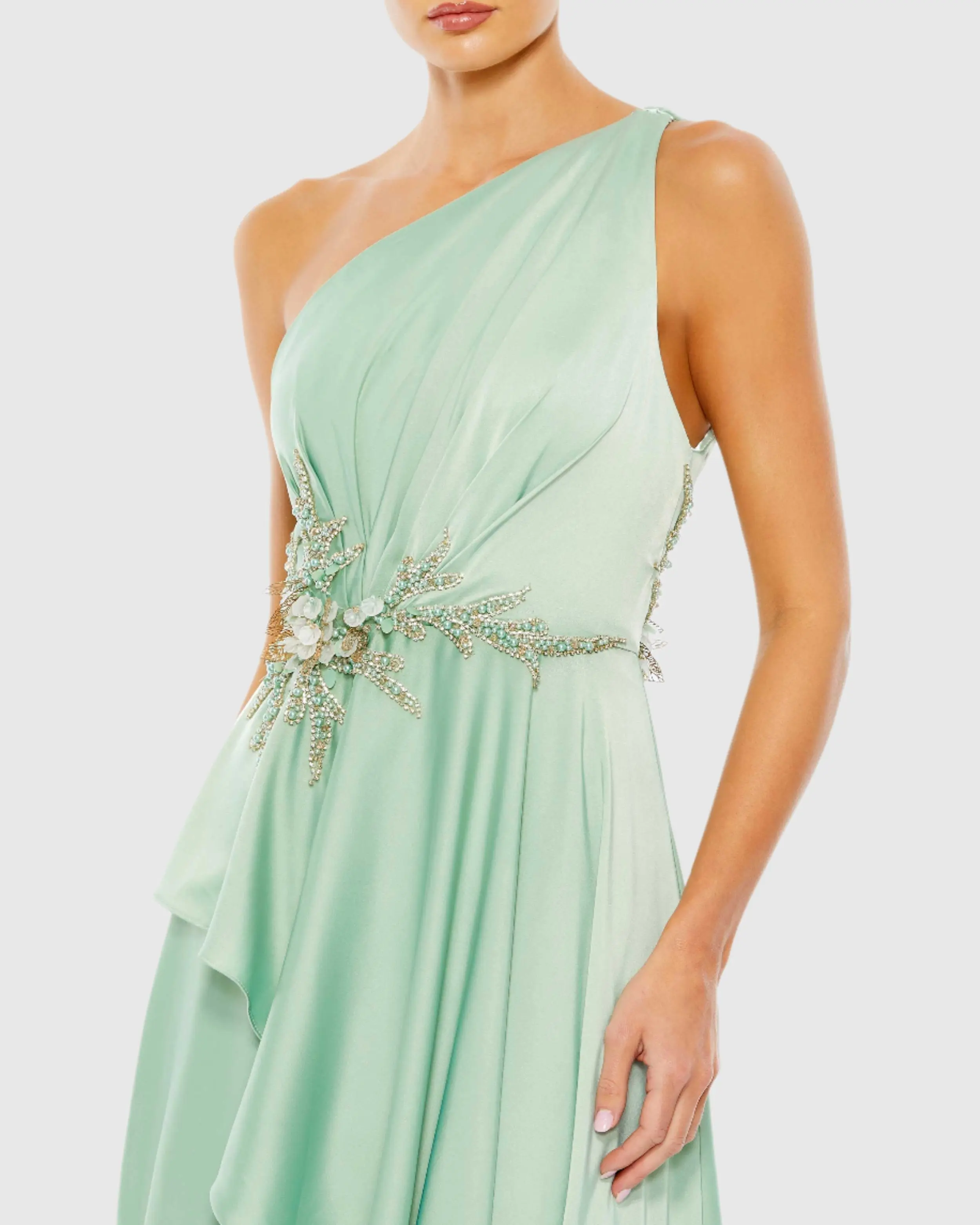 Green Embellished Asymmetrical Gown