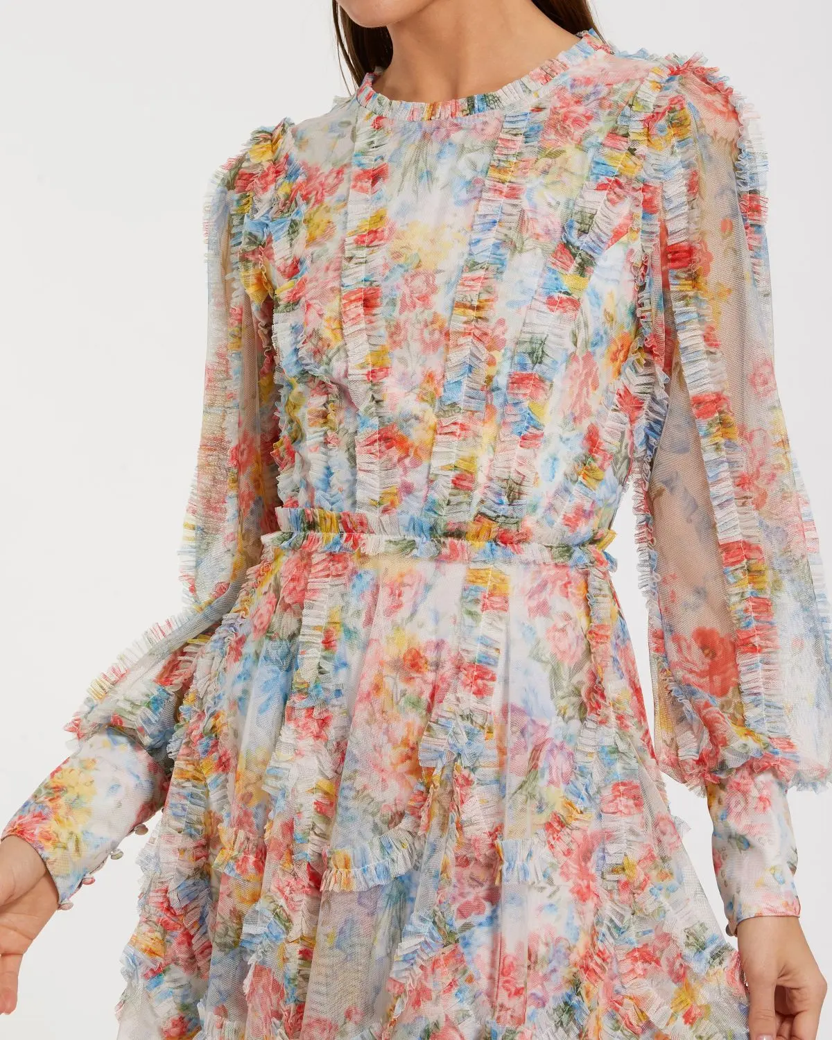 Colorful Patterned Net Frill Mini Dress