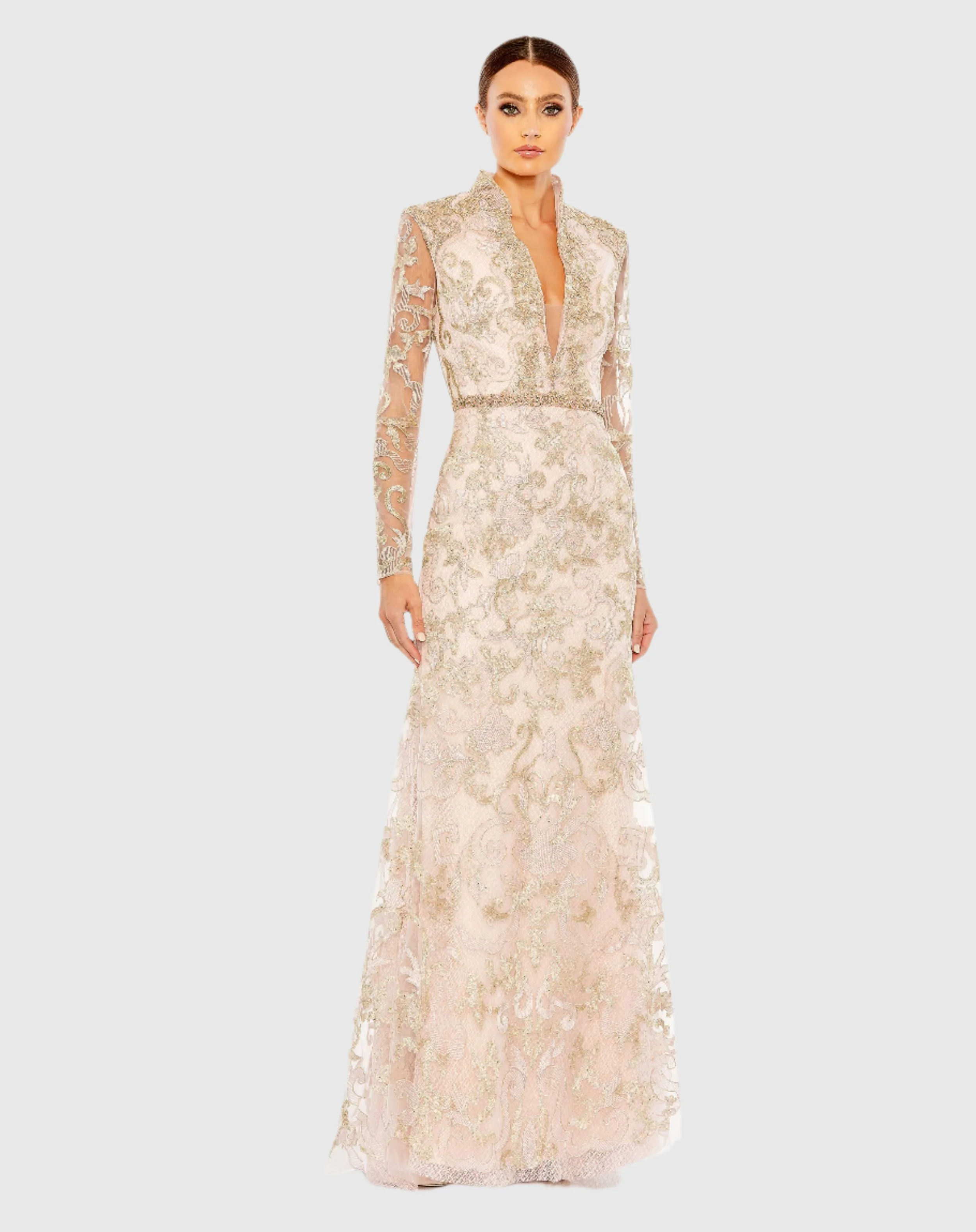 Beaded Lace Long Sleeve V Neck Gown