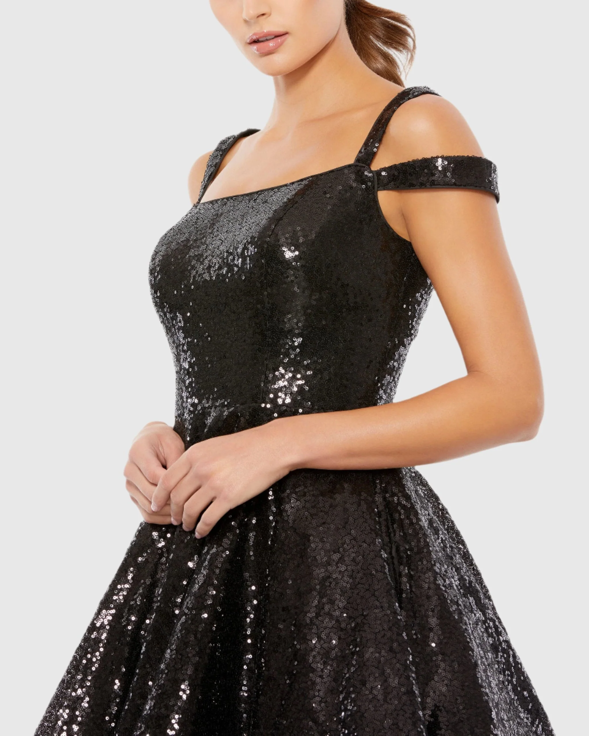 Black Sequined Cut Out Shoulder Skater Dress