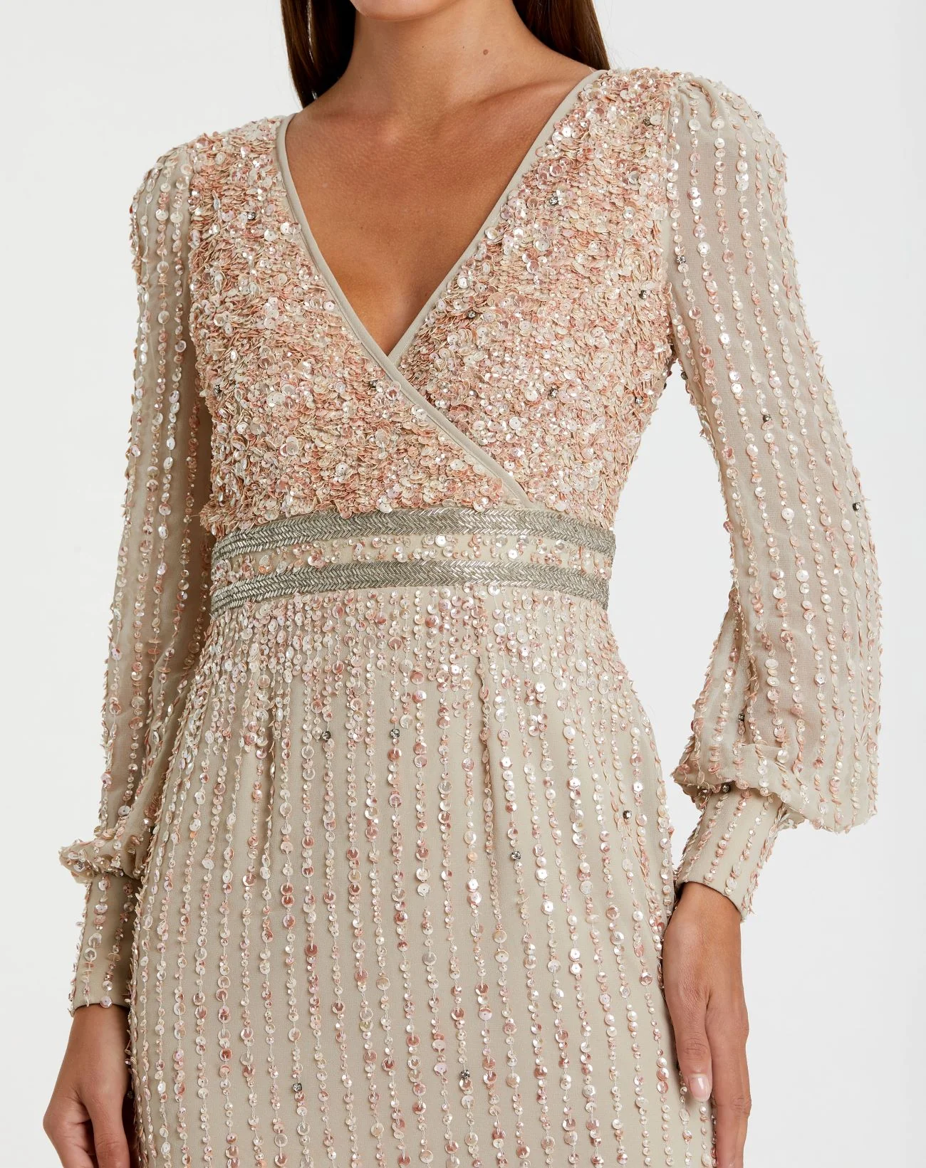 Cream Sequined V Neck Bishop Sleeve Dress
