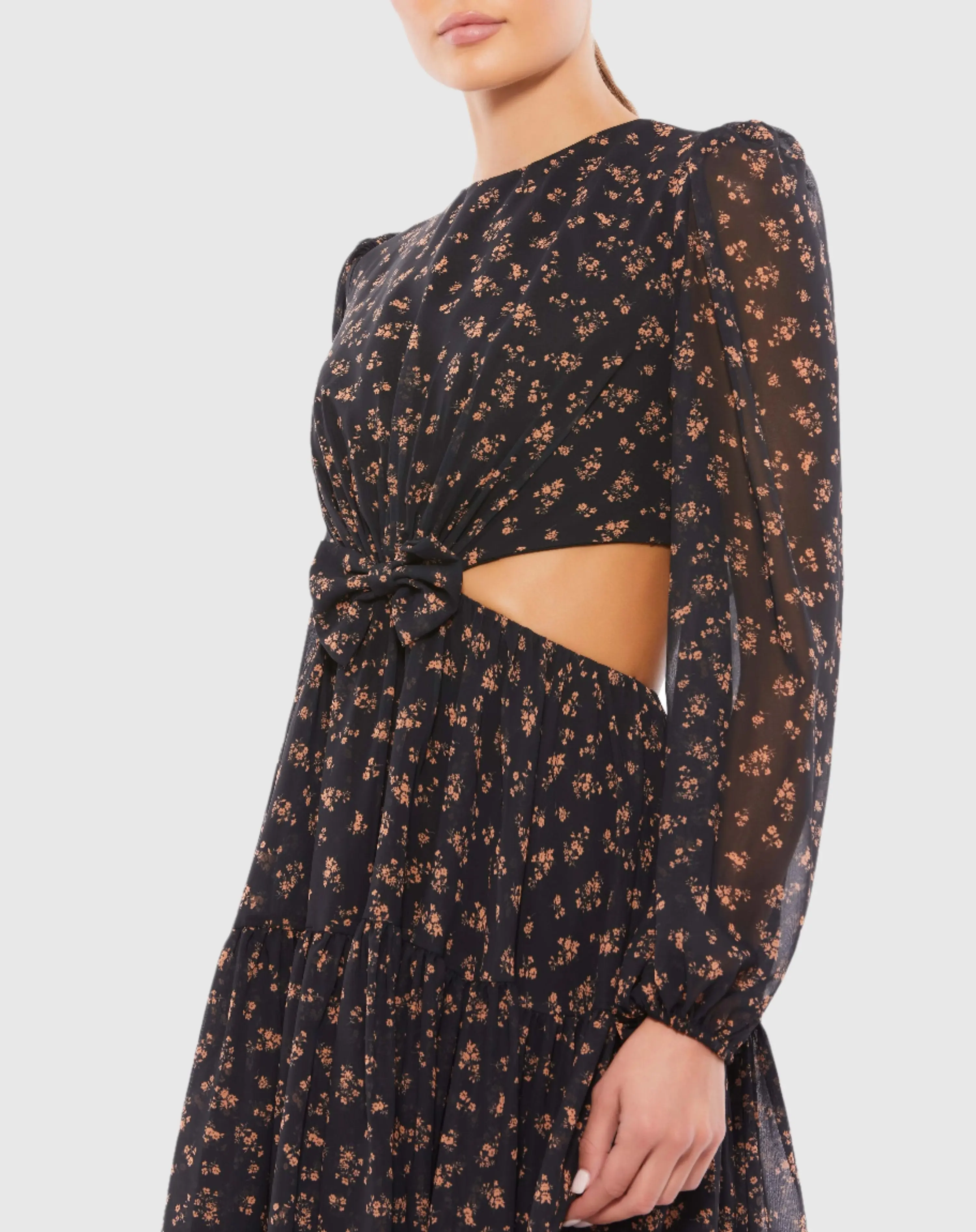 Black Front Bow Cut Out Long Sleeve Dress