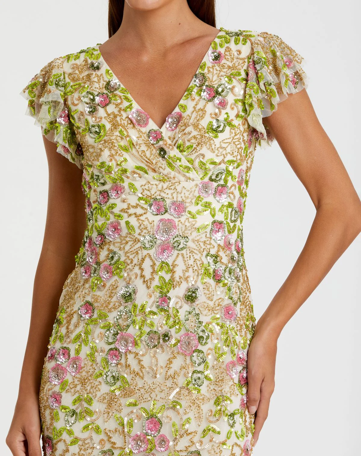 Floral Embellished Flutter Cap Sleeve Dress