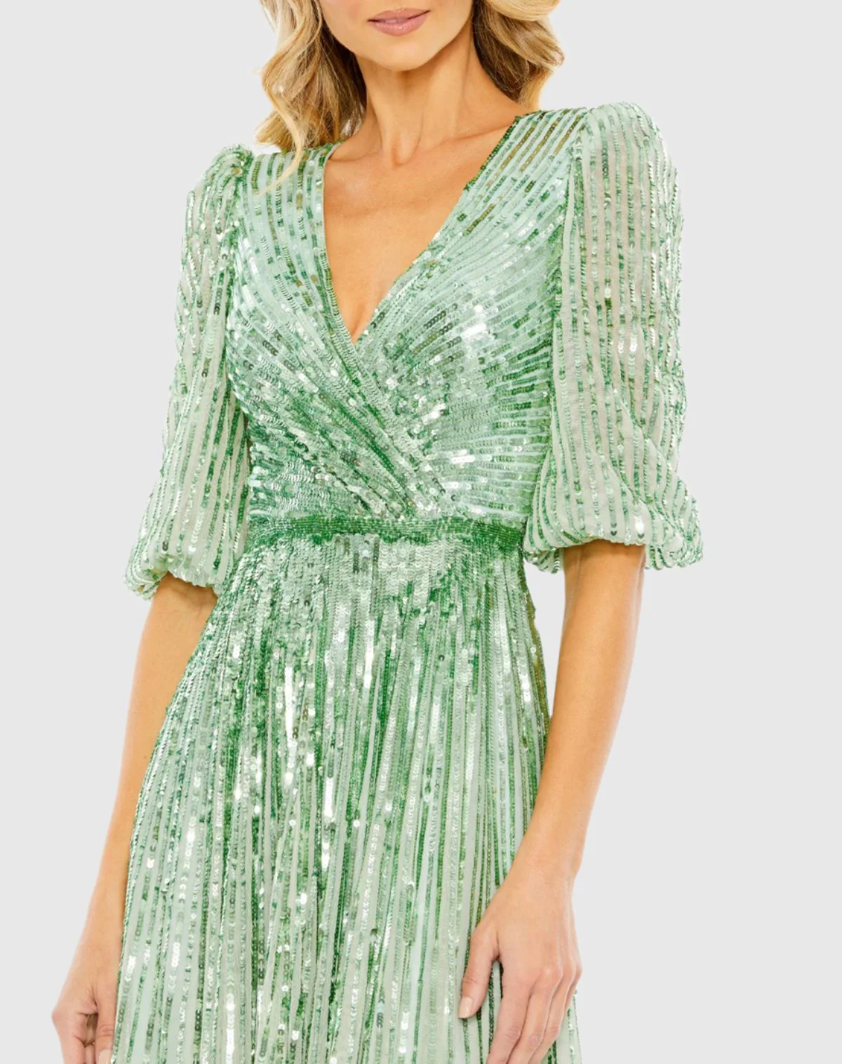 Green Sequined Wrap Over 3/4 Sleeve Gown