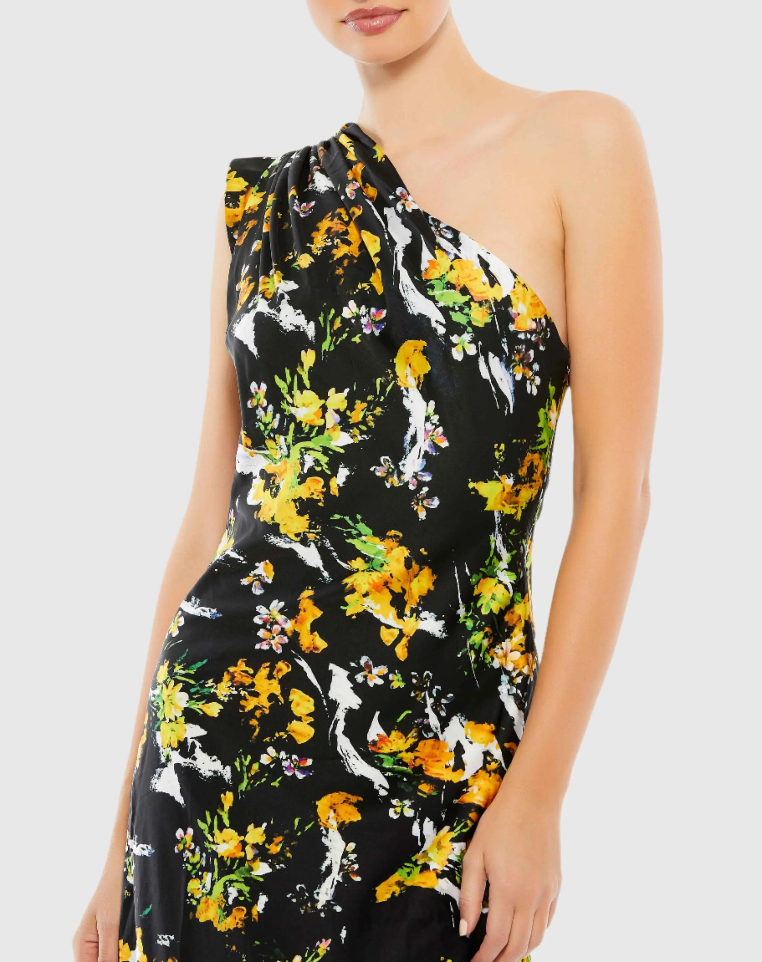 Floral Print Draped One Shoulder Midi Dress