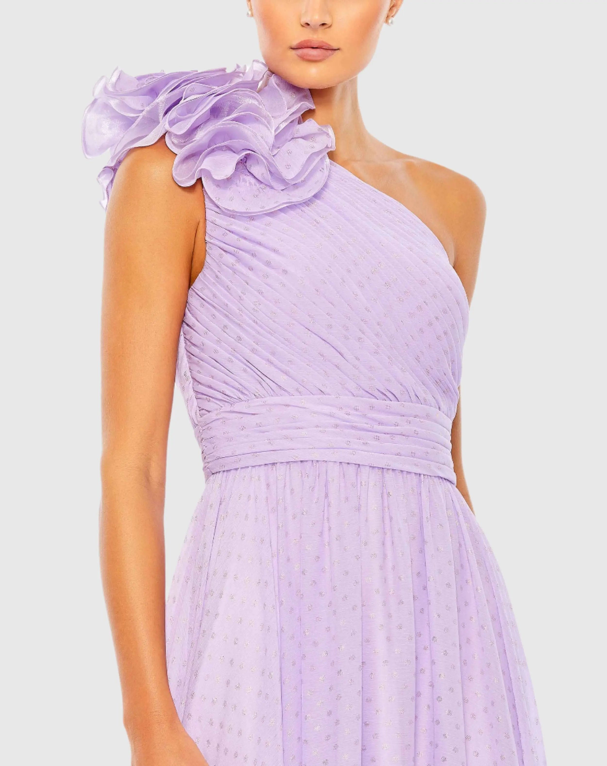 Purple Polka Dot Ruffled One Shoulder Gown