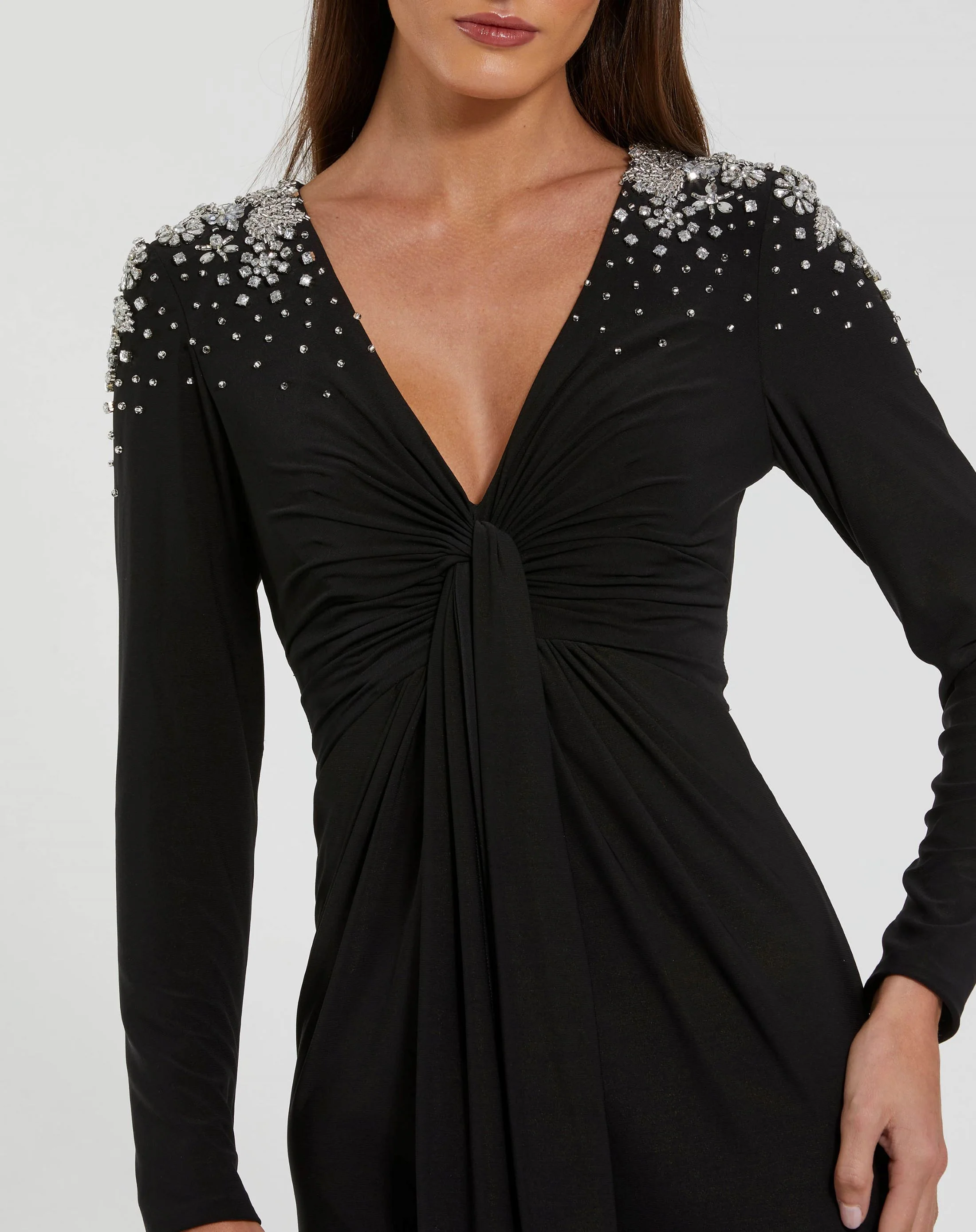 V Neck Faux Knot Gown With Beaded Shoulders