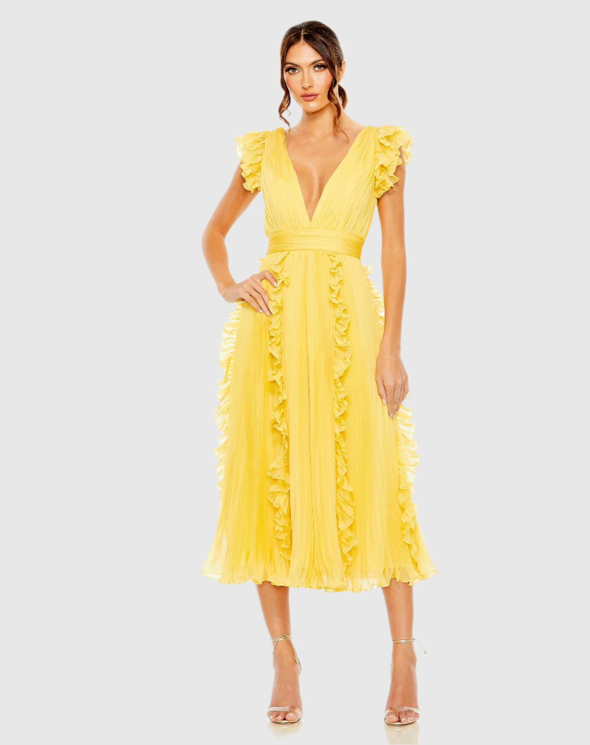 Pleated Fabric V Neck Ruffle Midi Dress