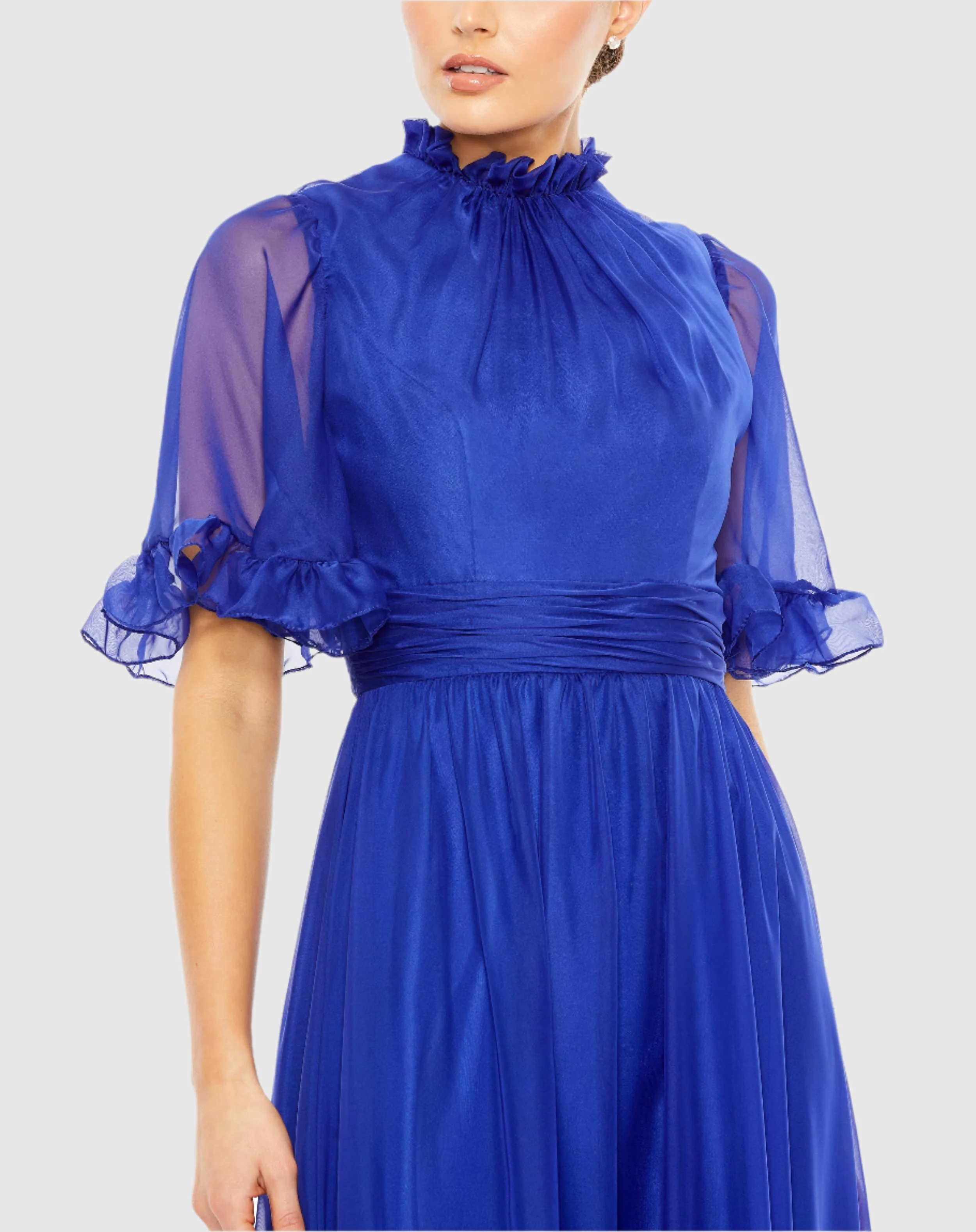 Ruffled Mock Neck Flutter Sleeve Gown