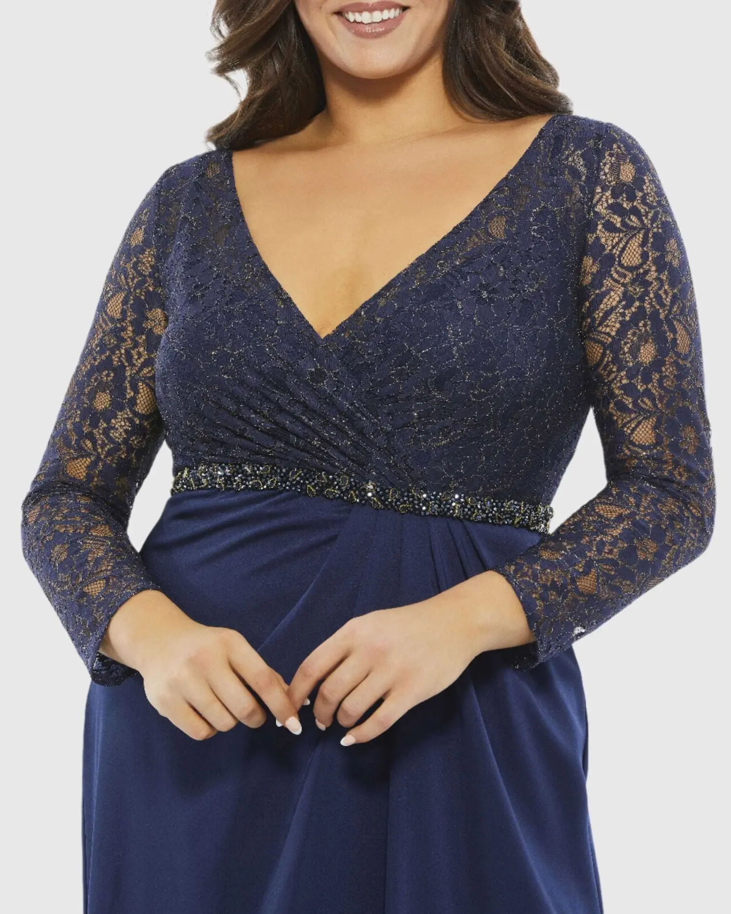 Silk Draped Long Sleeve V Neck Gown (Plus)
