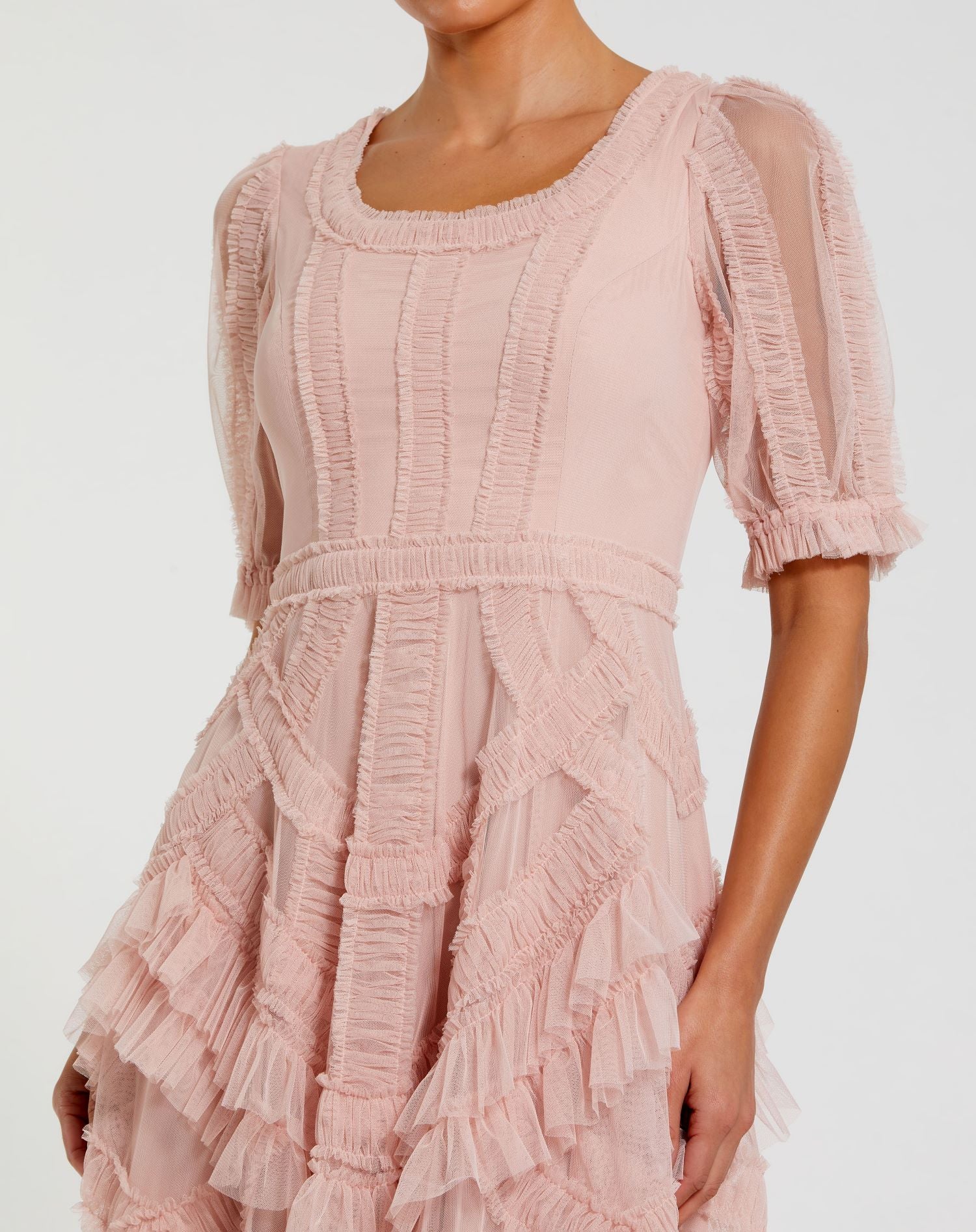 Pink Short Sleeve Mesh Ruffle Midi Dress