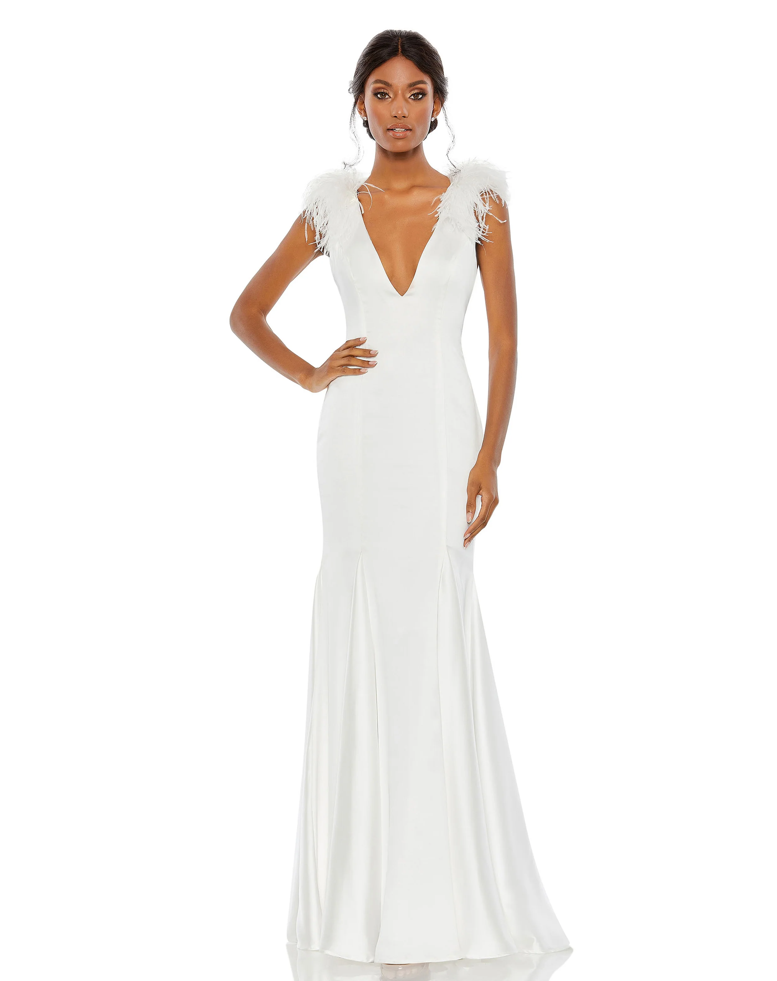 Feather Shoulder V Neck Column Gown