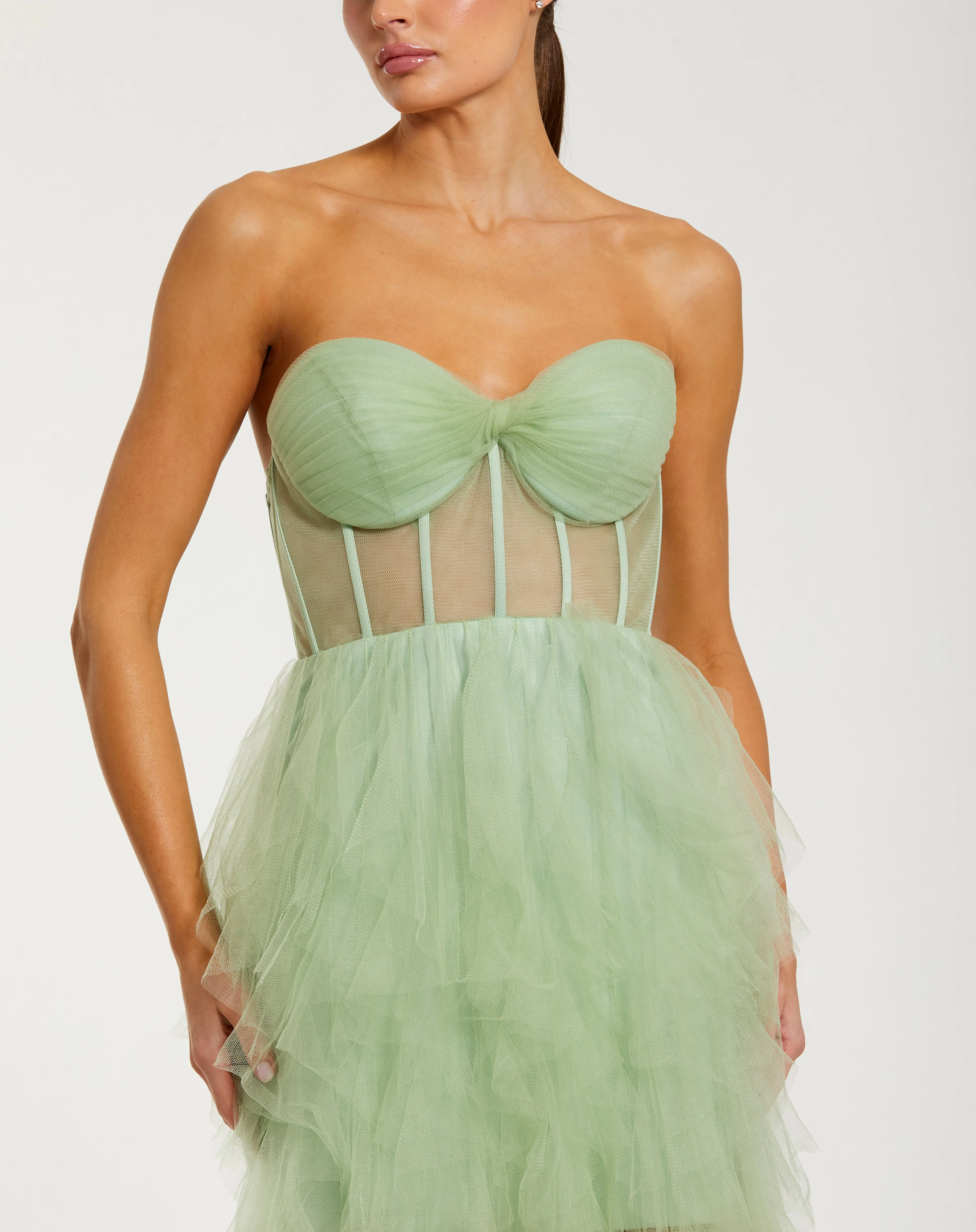 Spiral Ruffle Net Gown With Bustier Neckline