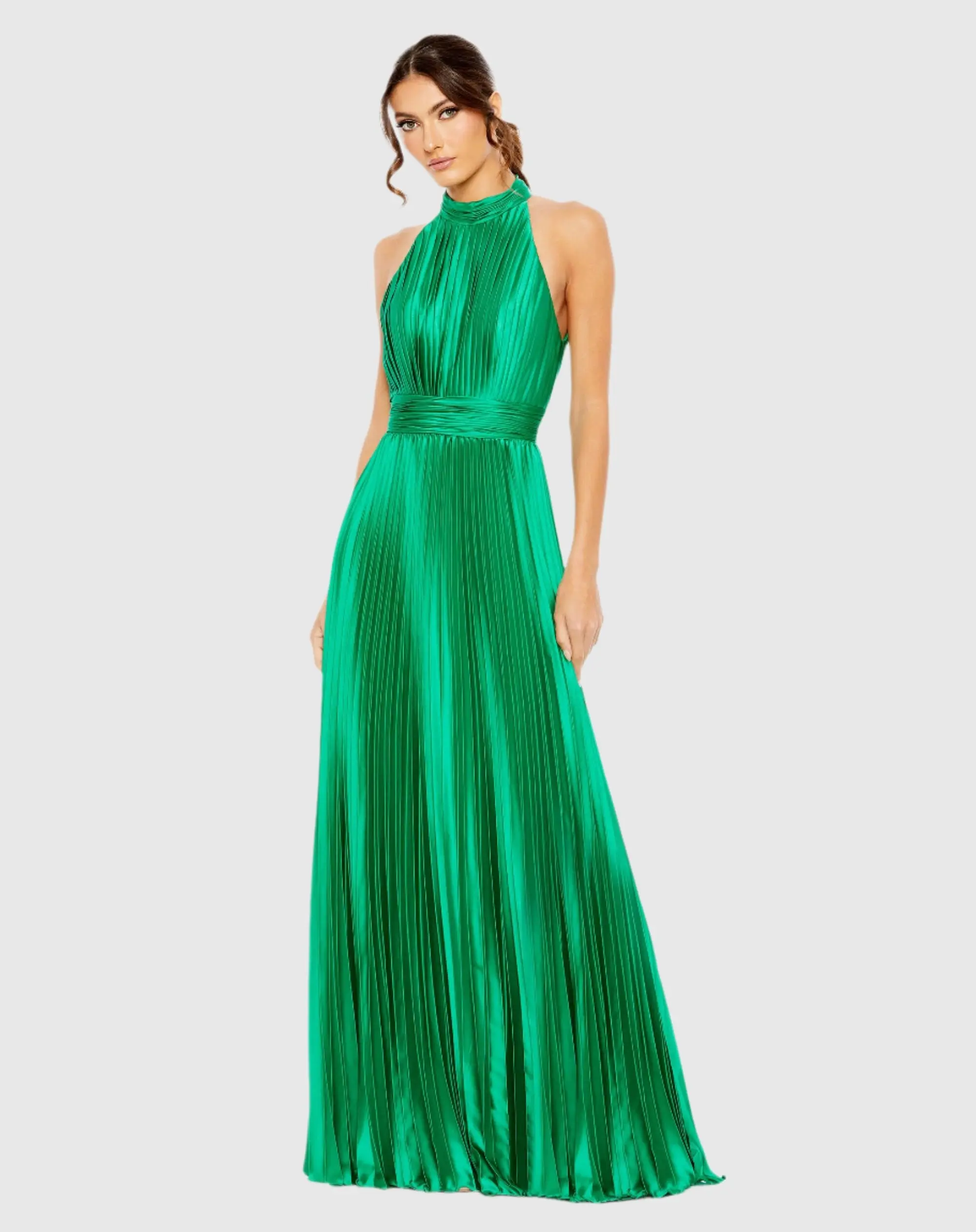 Pleated High Neck Satin Gown