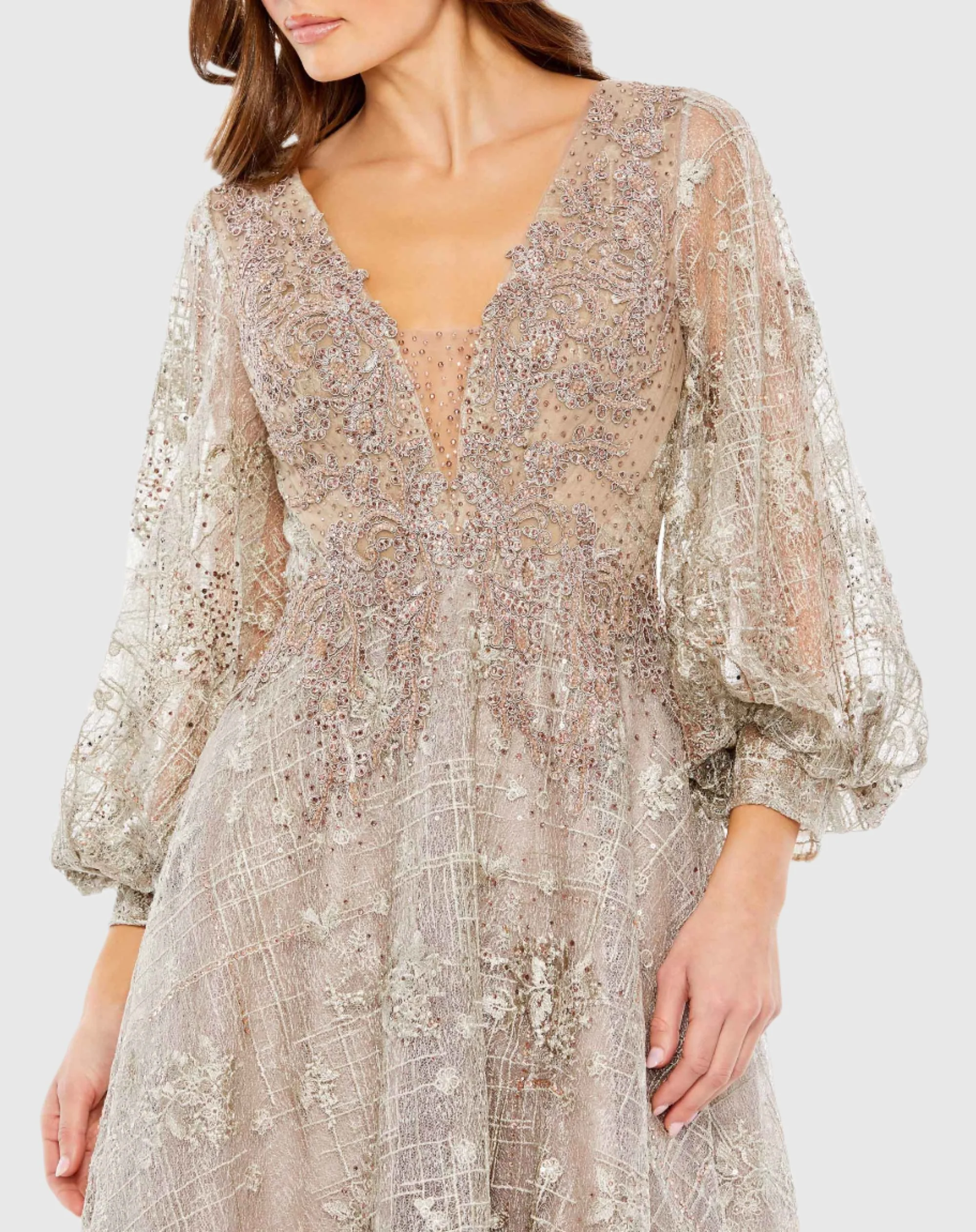 Beige Decorated Deep Neck Long Sleeve Dress