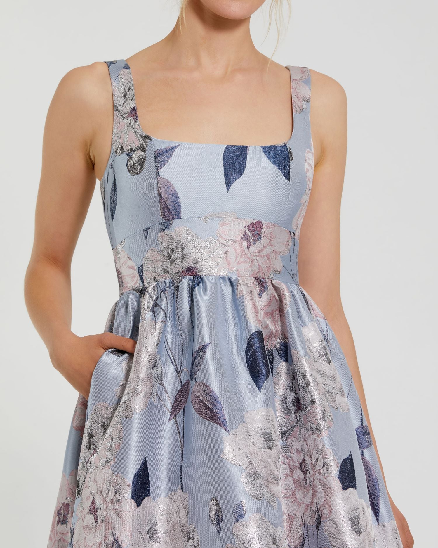 Floral Printed Satin Square Neck Gown