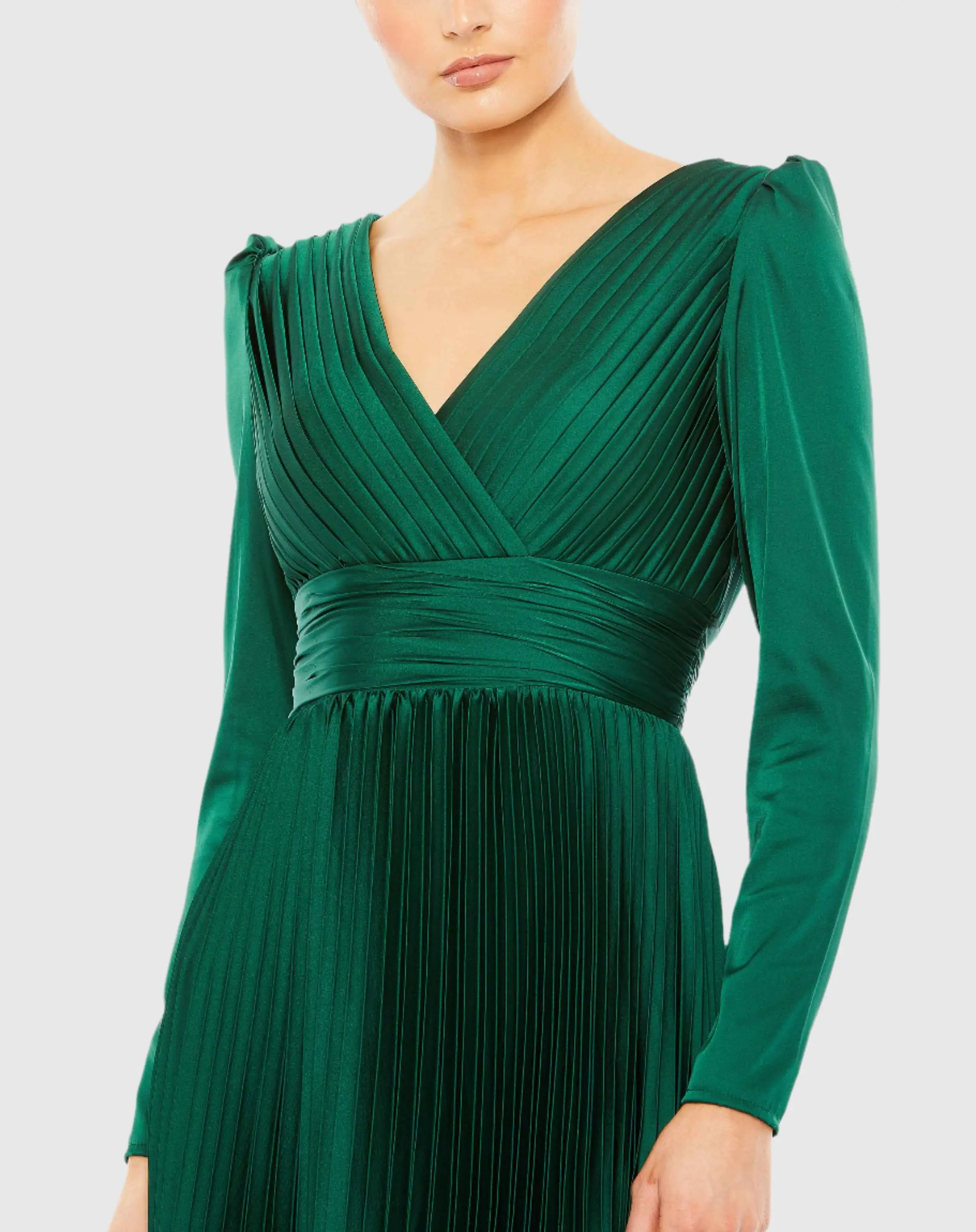 Green Pleated Long Sleeve V Neck Gown