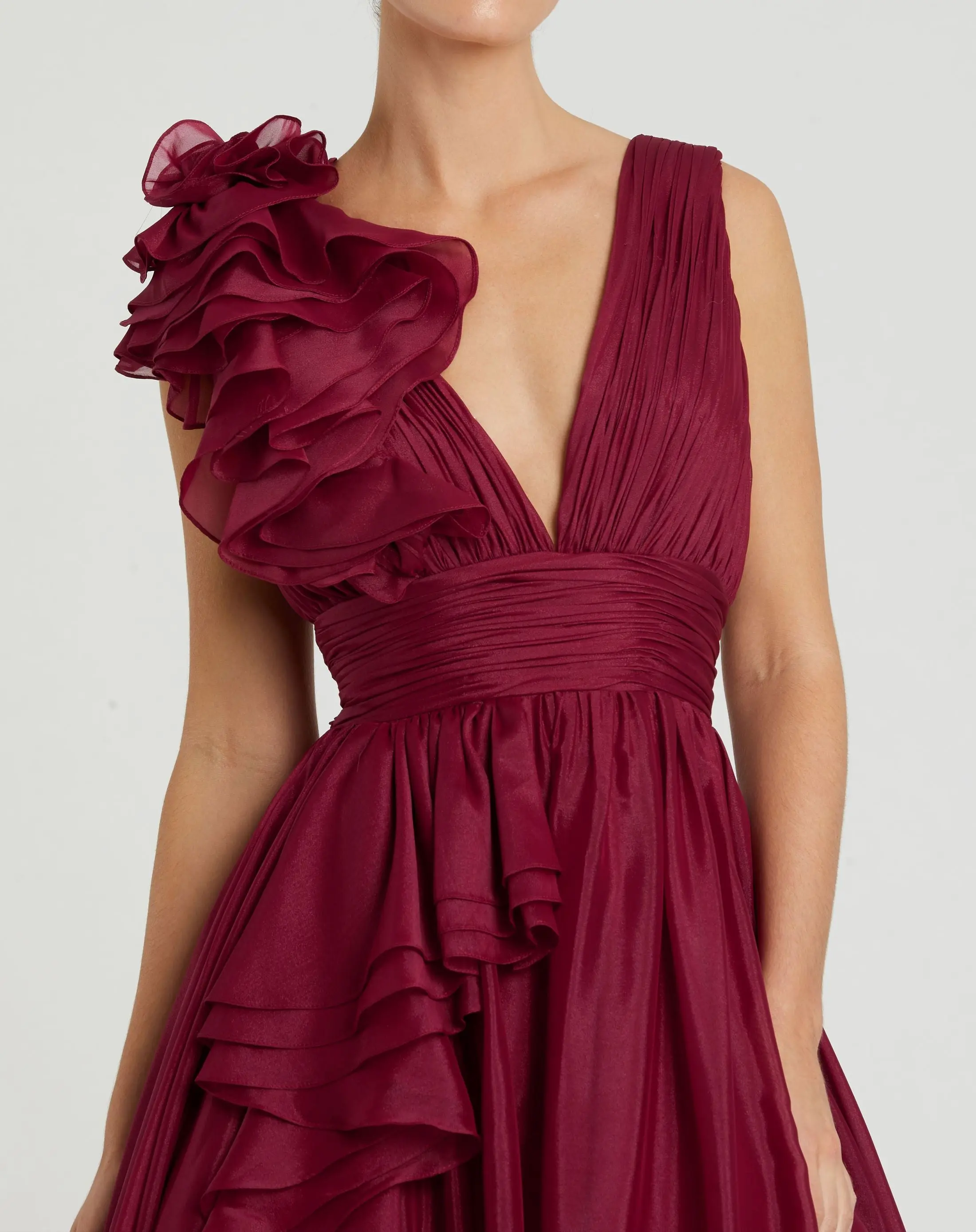 Dark Red Ruffle Shoulder V Neck Chiffon Gown