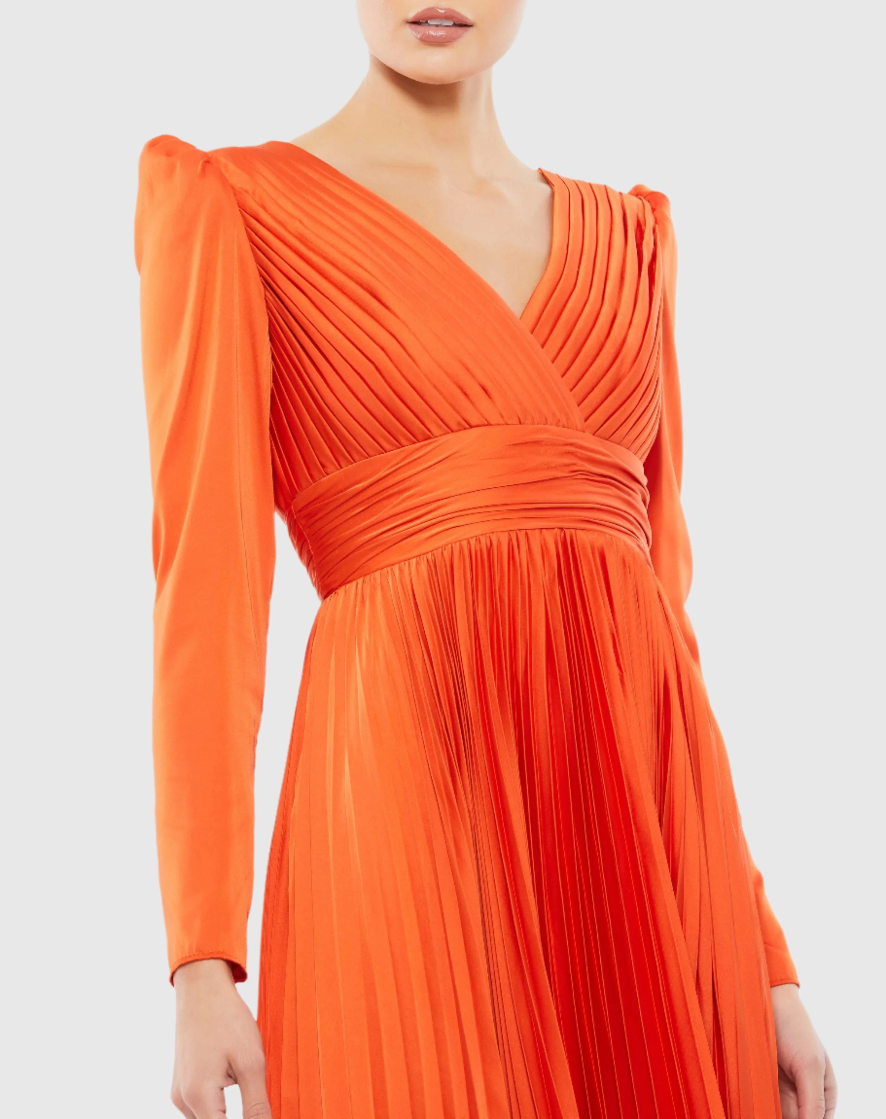 Pink Pleated Long Sleeve V Neck Gown