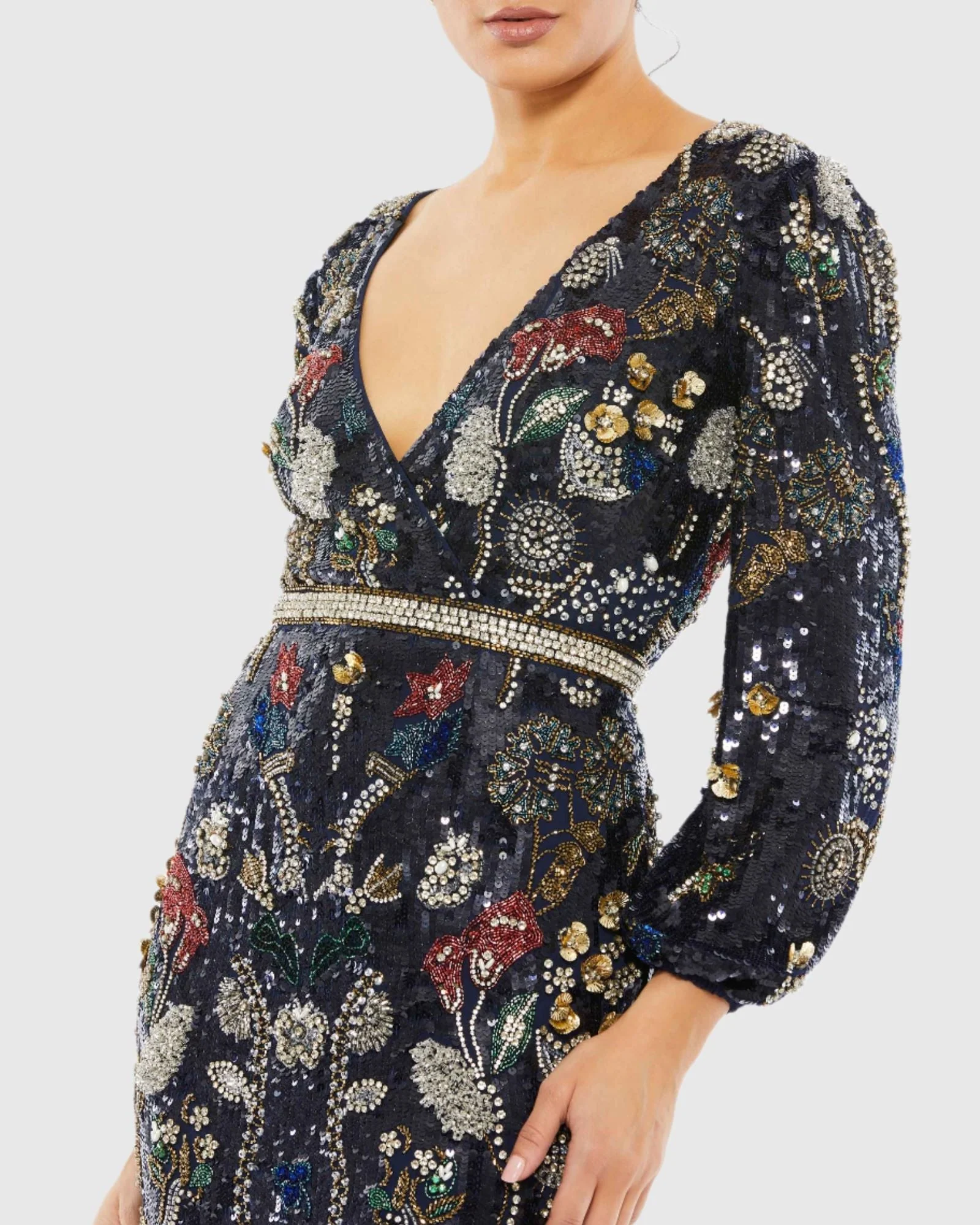 Studded Decorative Long Sleeve Evening Dress
