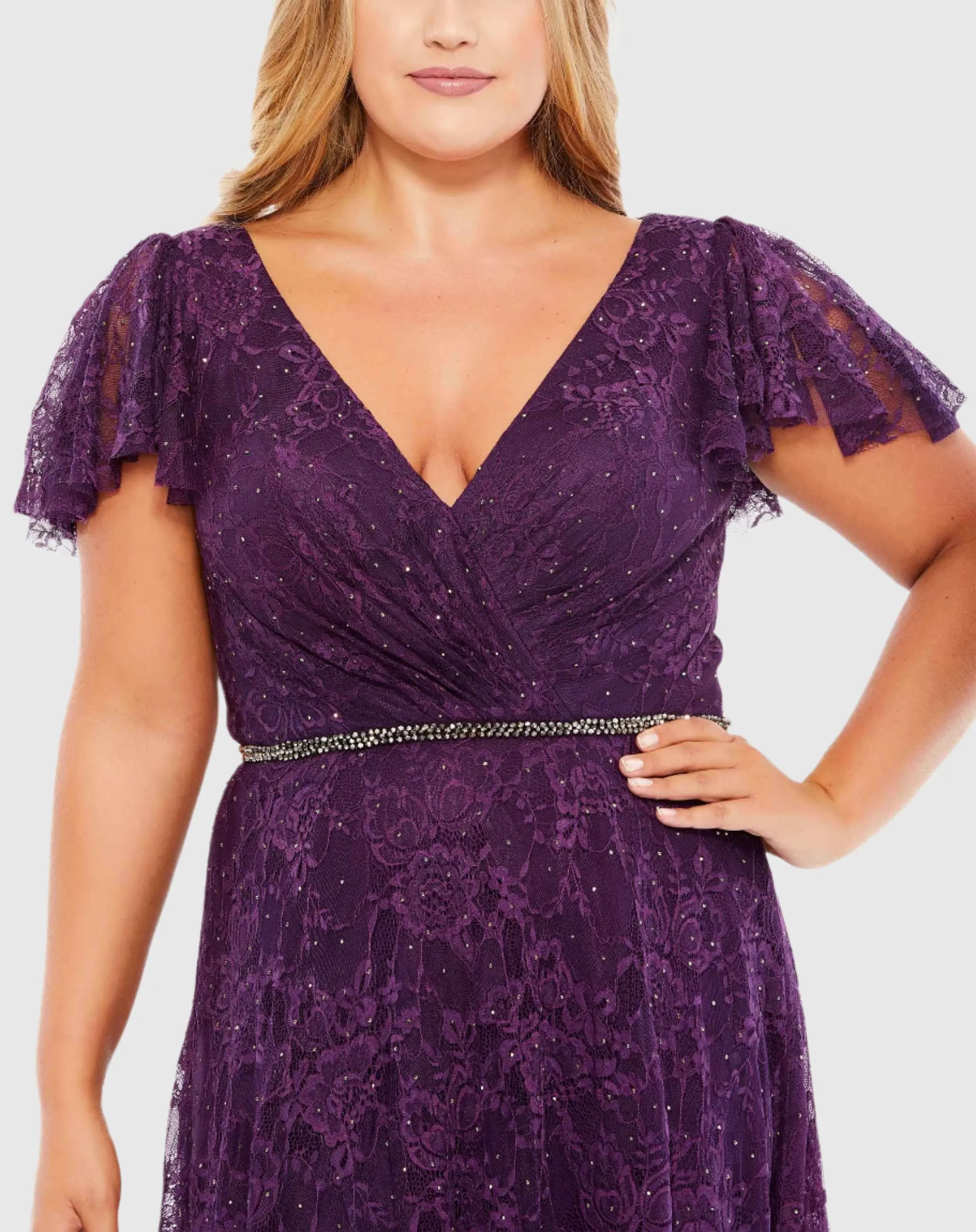 Embellished Flutter Sleeve Evening Gown