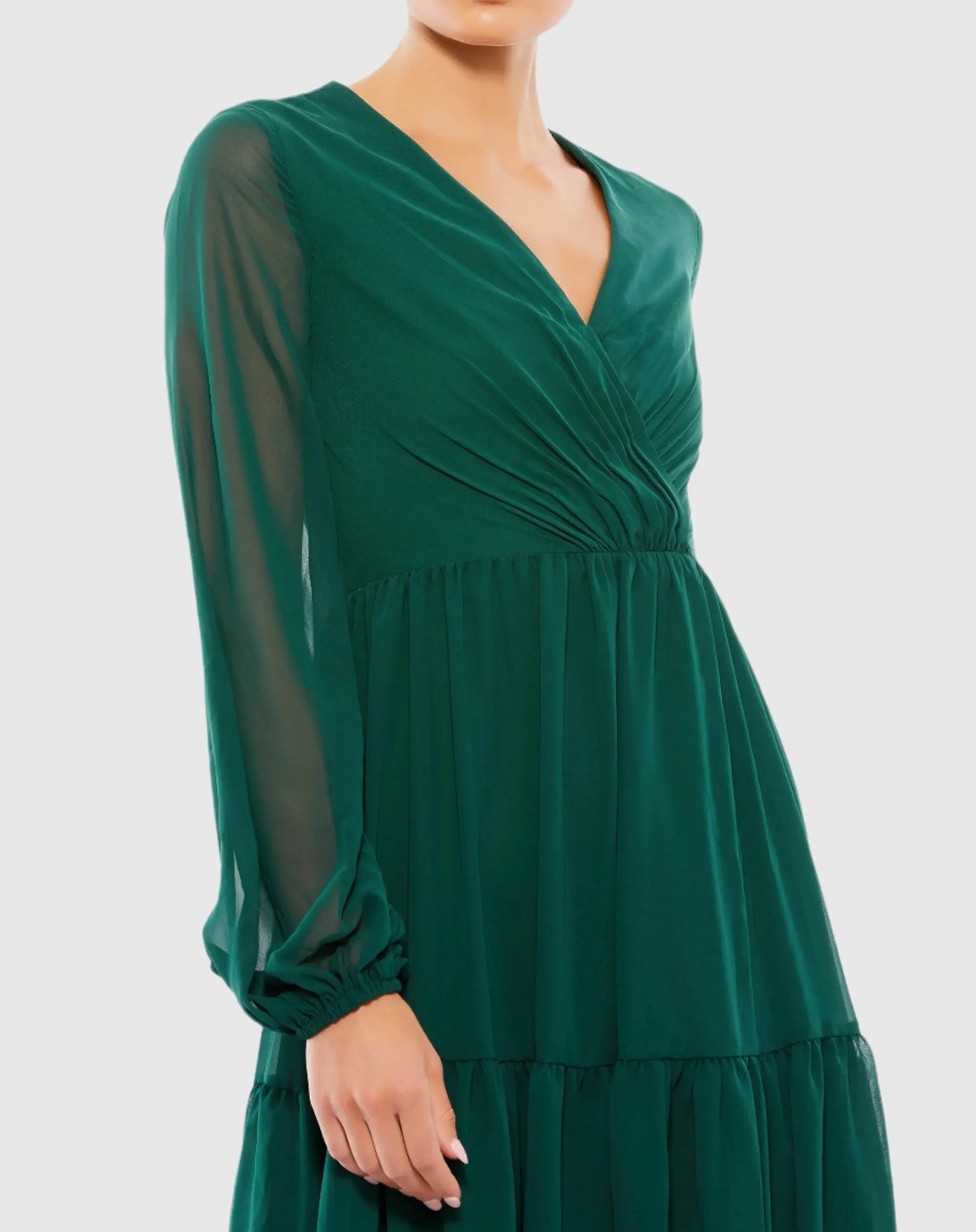 Green Ruched V Neck Tiered Midi Dress