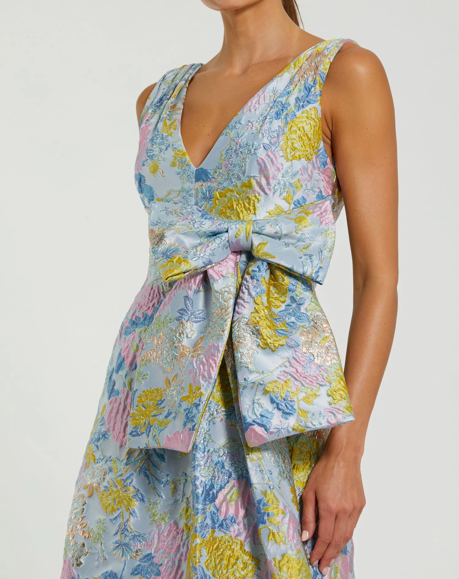 Floral Patterned Fabric Midi Dress With Bow