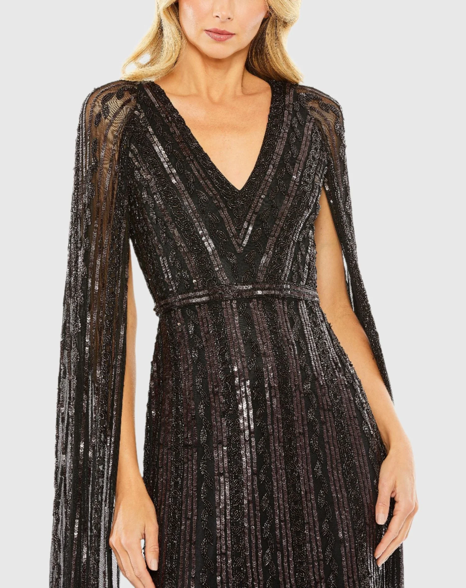 Black Sequined V Neck Gown with Cape Sleeves