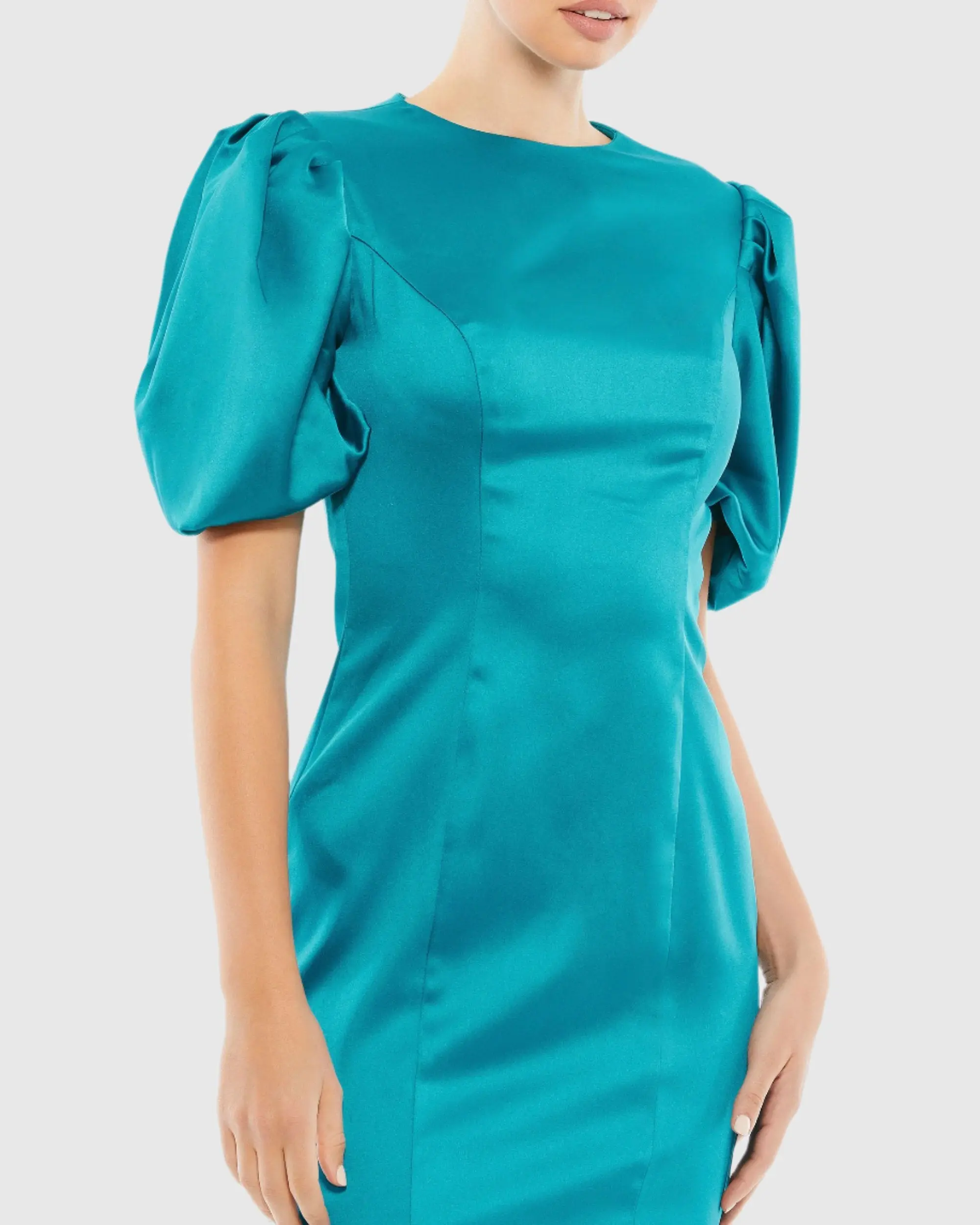 Blue Satin Puff Sleeve Fitted Mini Dress