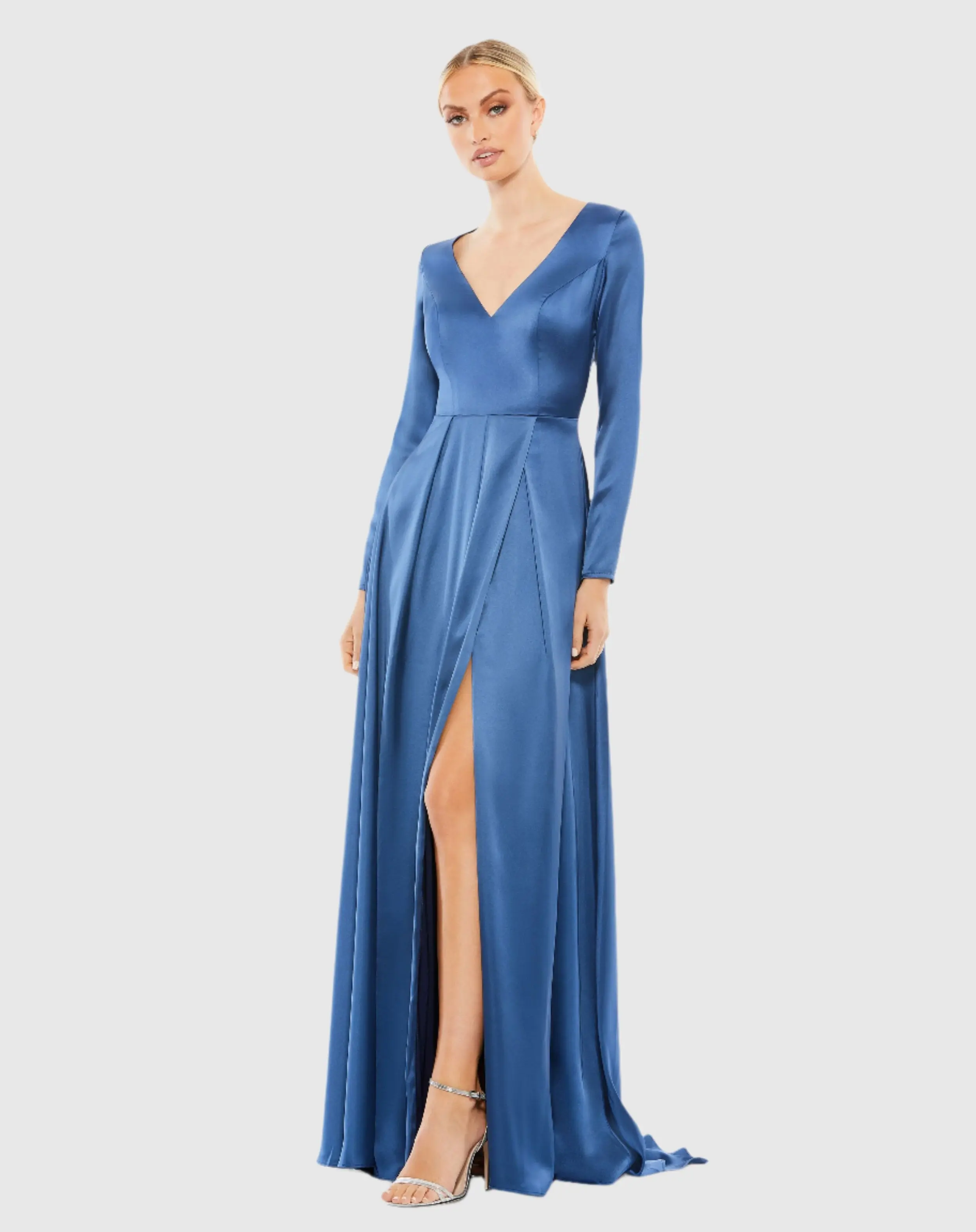 Satin V Neck Long Sleeve Pleated Gown