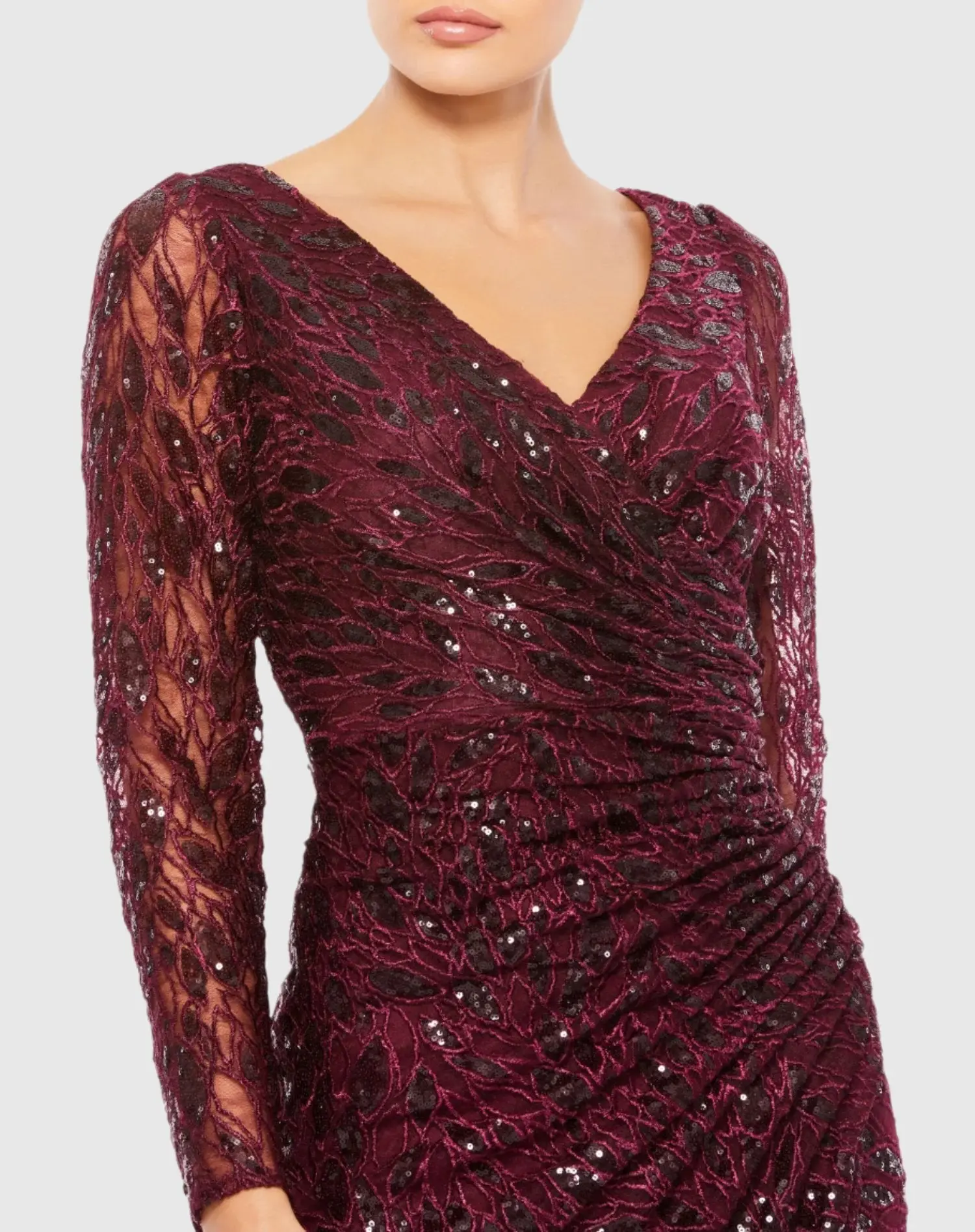 Long Sleeve Ruched Sequined V Neck Gown