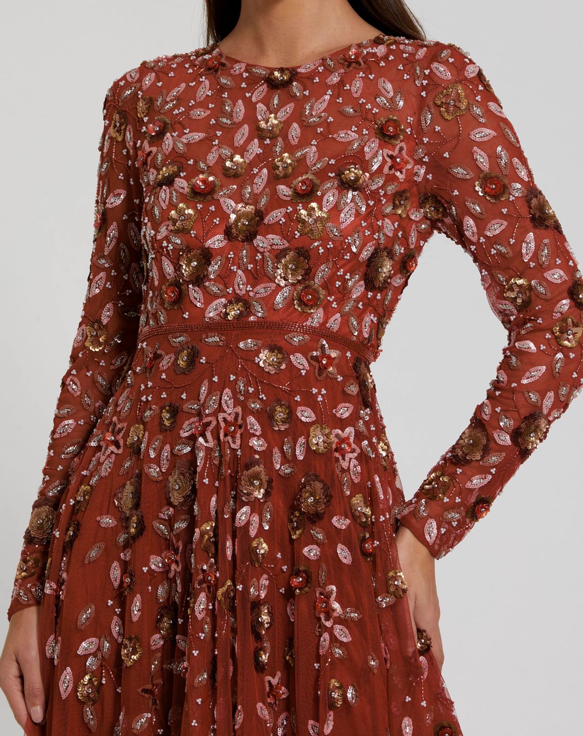 Studded High Neck Long Sleeve A Line Dress