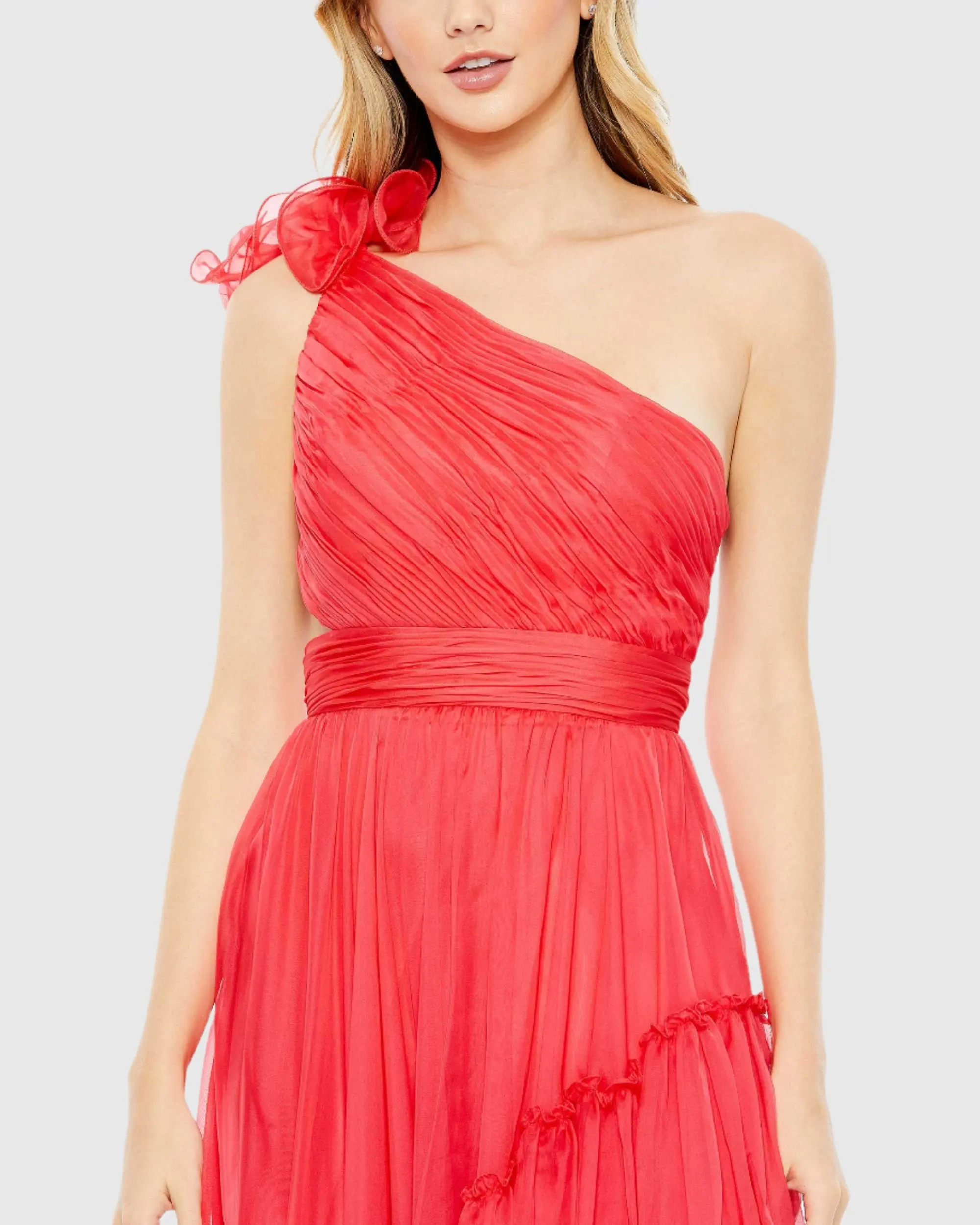 Ruffled Asymmetrical One Shoulder Gown